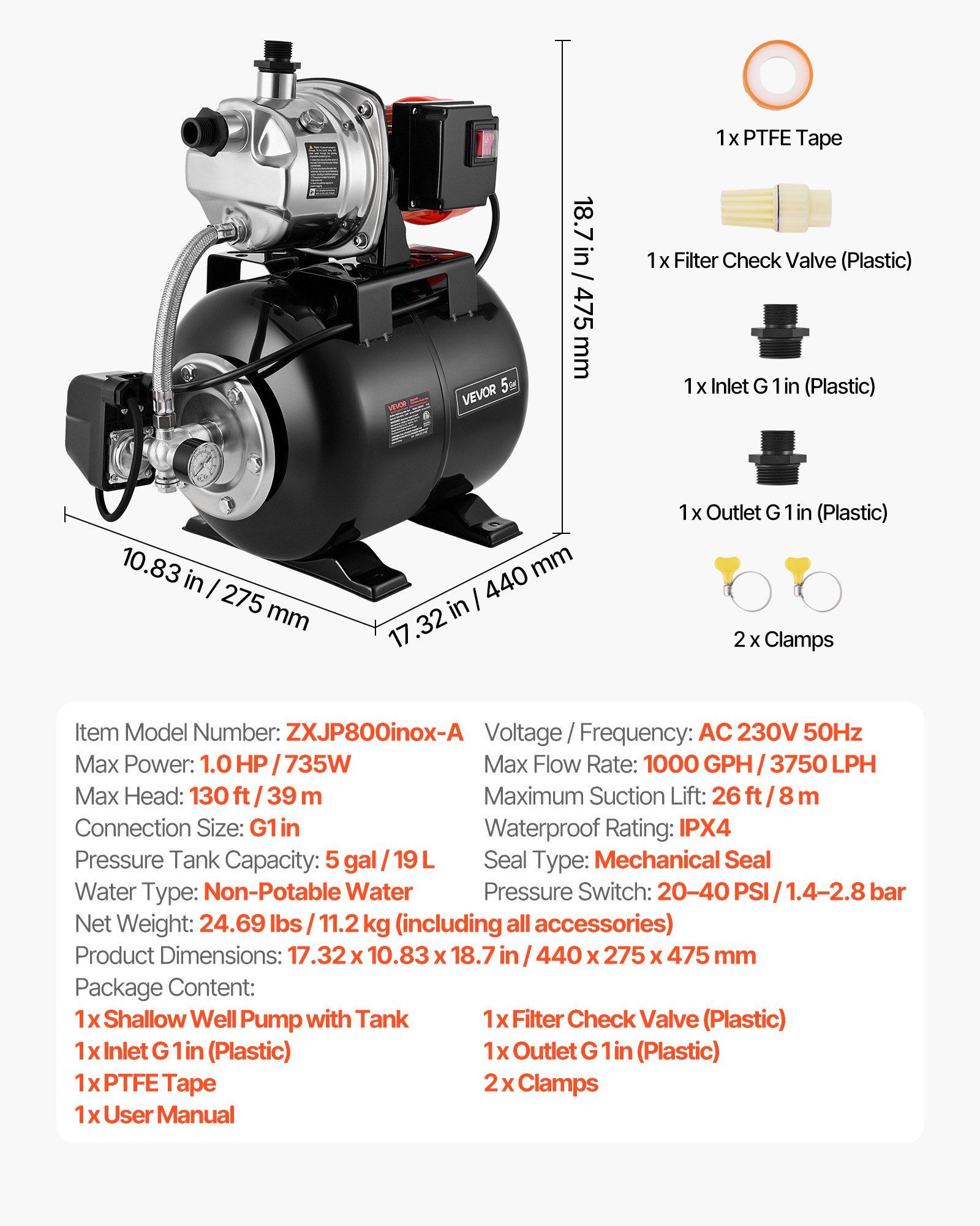 VEVOR 1 HP Shallow Well Pump with Pressure Tank, 230V 3750 LPH, Stainless Steel Irrigation Jet Pump with 19L Tank, Automatic Water Booster System, 1.4-2.8 bar Pressure Switch, for Home Garden Lawn