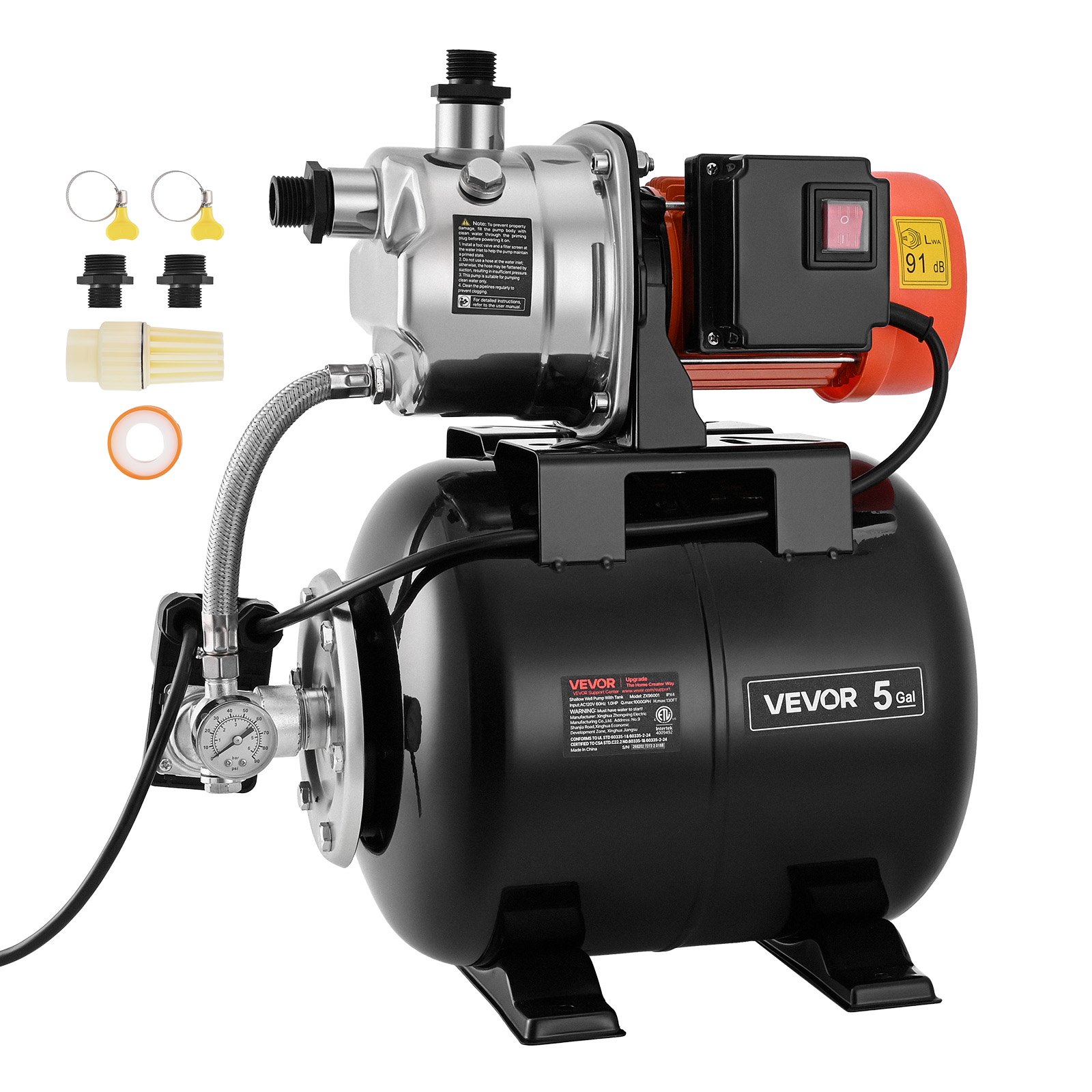 VEVOR 1 HP Shallow Well Pump with Pressure Tank, 230V 3750 LPH, Stainless Steel Irrigation Jet Pump with 19L Tank, Automatic Water Booster System, 1.4-2.8 bar Pressure Switch, for Home Garden Lawn