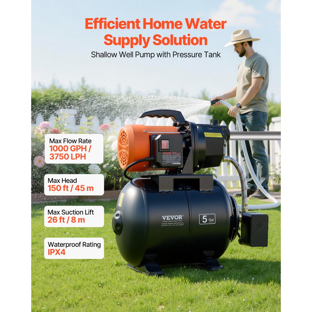 VEVOR Huishoudelijk Waterleidingsysteem 735 W, 3750 l/u Jetpomp met 19 l drukvat, 45 m opvoerhoogte, incl. automatisch watertoevoersysteem en gietijzeren pompkop, voor tuinirrigatie en huishoudelijk watergebruik.