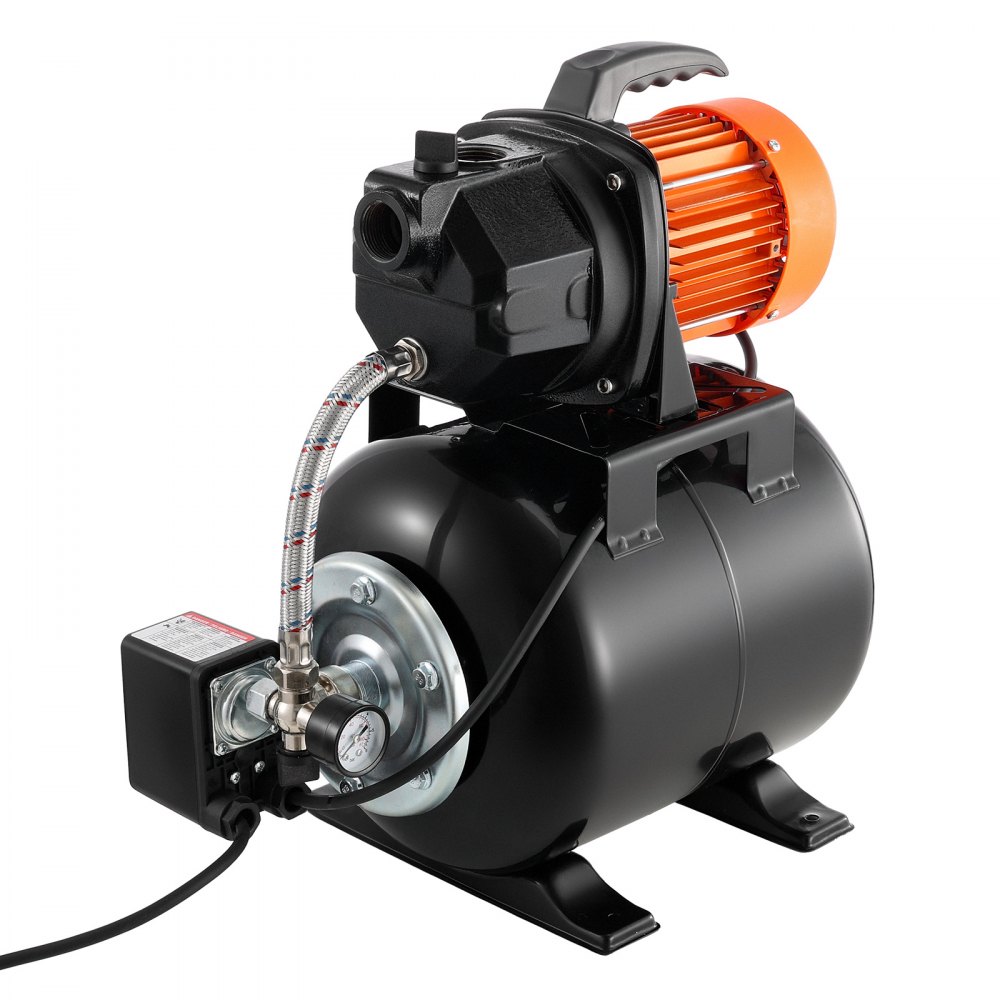 VEVOR Huishoudelijk Waterleidingsysteem 735 W, 3750 l/u Jetpomp met 19 l drukvat, 45 m opvoerhoogte, incl. automatisch watertoevoersysteem en gietijzeren pompkop, voor tuinirrigatie en huishoudelijk watergebruik.