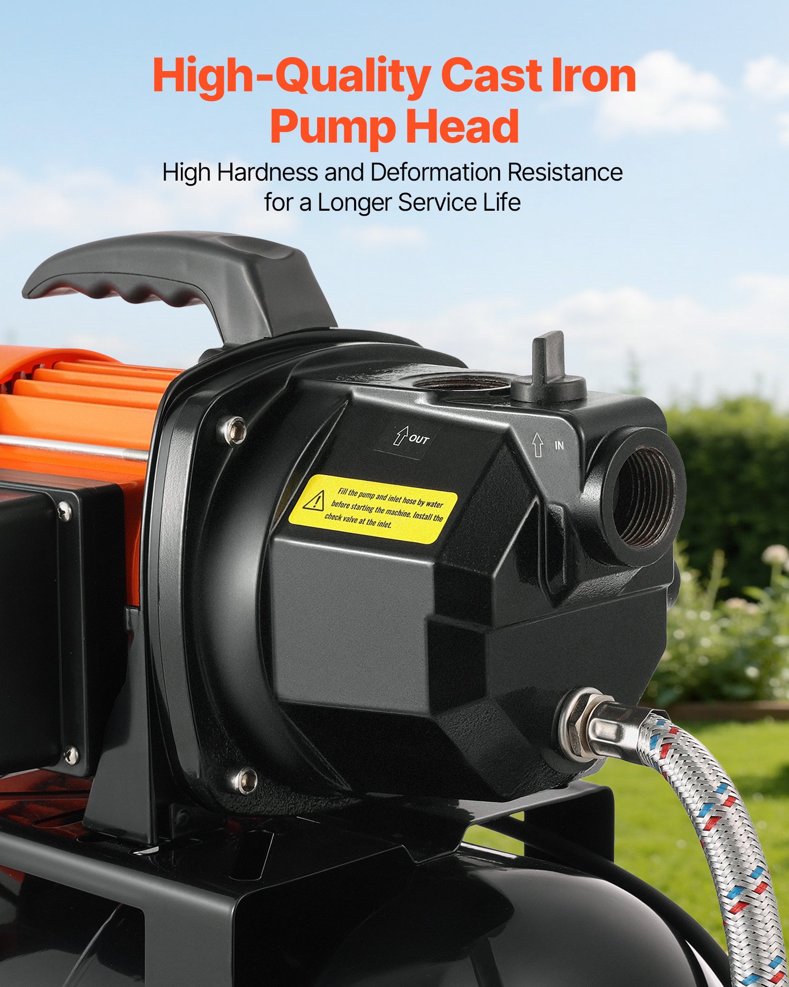 VEVOR Huishoudelijk Waterleidingsysteem 735 W, 3750 l/u Jetpomp met 19 l drukvat, 45 m opvoerhoogte, incl. automatisch watertoevoersysteem en gietijzeren pompkop, voor tuinirrigatie en huishoudelijk watergebruik.