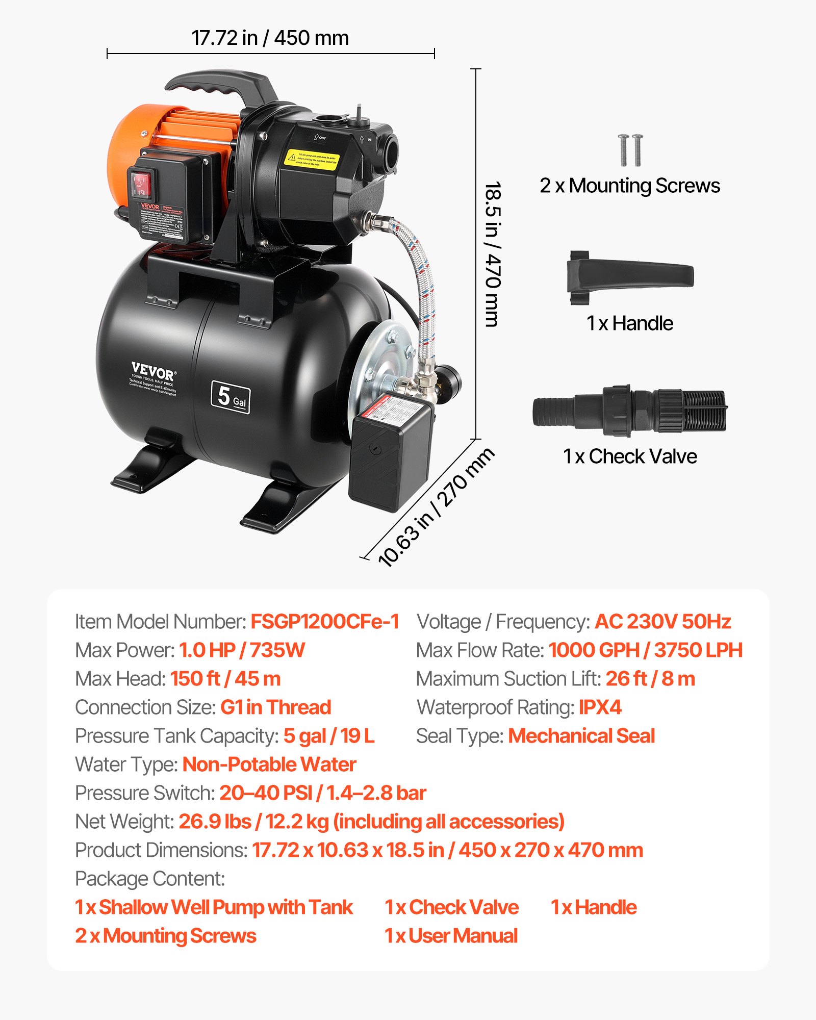 VEVOR Huishoudelijk Waterleidingsysteem 735 W, 3750 l/u Jetpomp met 19 l drukvat, 45 m opvoerhoogte, incl. automatisch watertoevoersysteem en gietijzeren pompkop, voor tuinirrigatie en huishoudelijk watergebruik.