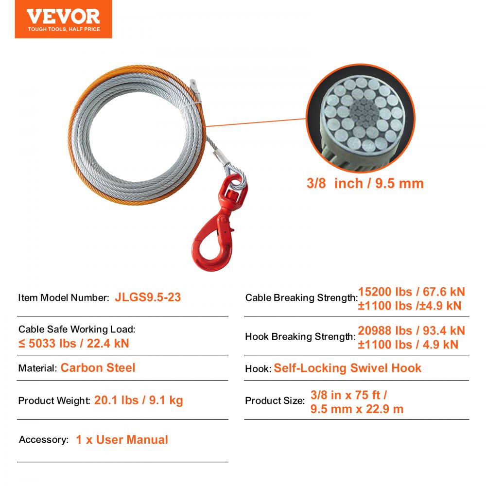 VEVOR 9,5 mm x 22,9 m stalen kabellus 67,6 kN breeksterkte van de kabel Bosbouwkabel met draaibare haak Hijskabel Staalkabel Sleepkabel Ideaal voor ATV's UTV's Auto's SUV's of grote terreinwagens