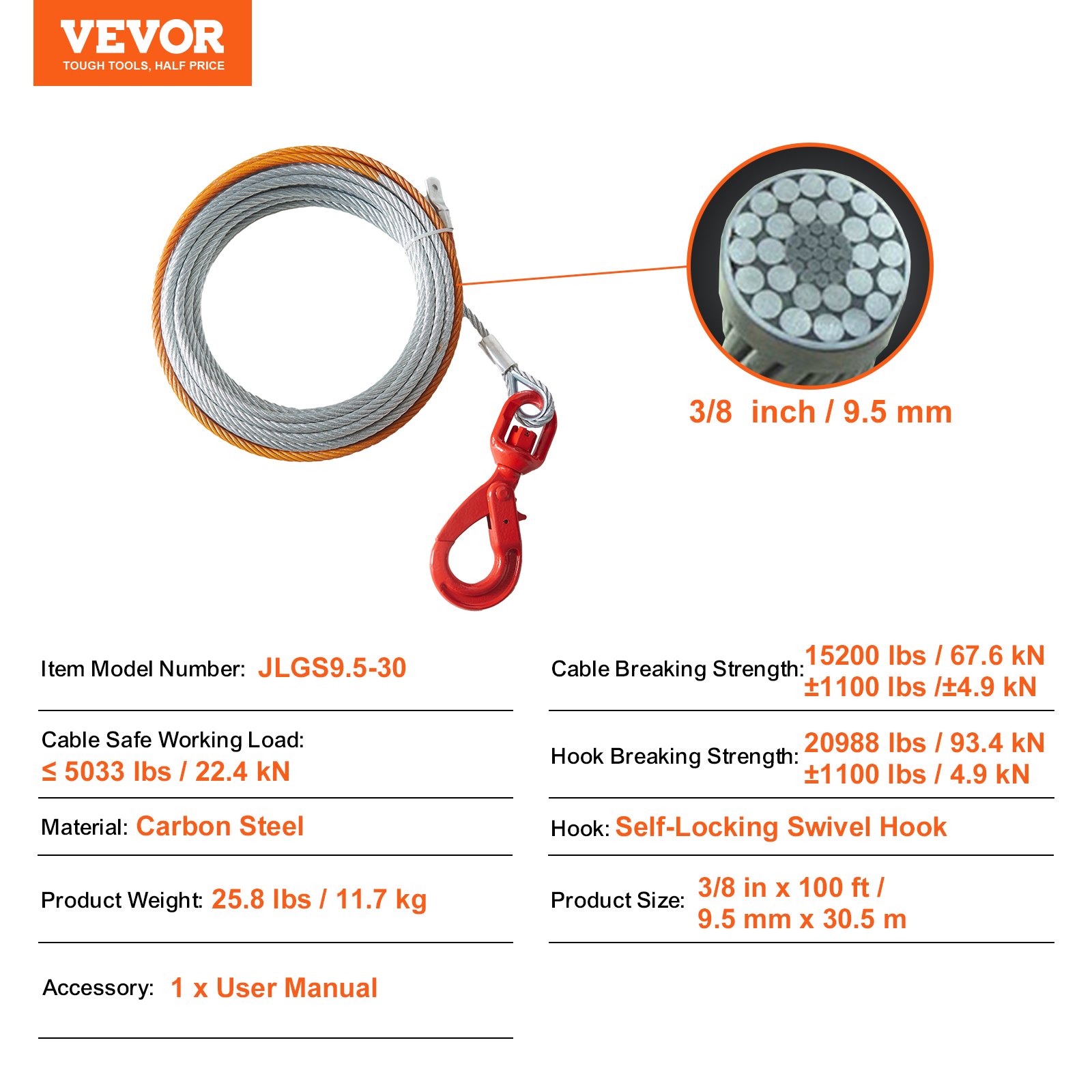 VEVOR 9,5 mm x 30,5 m stalen kabellus 67,6 kN breeksterkte van de kabel Bosbouwkabel met draaibare haak Hijskabel Staalkabel Sleepkabel Ideaal voor ATV's UTV's Auto's SUV's of grote terreinwagens