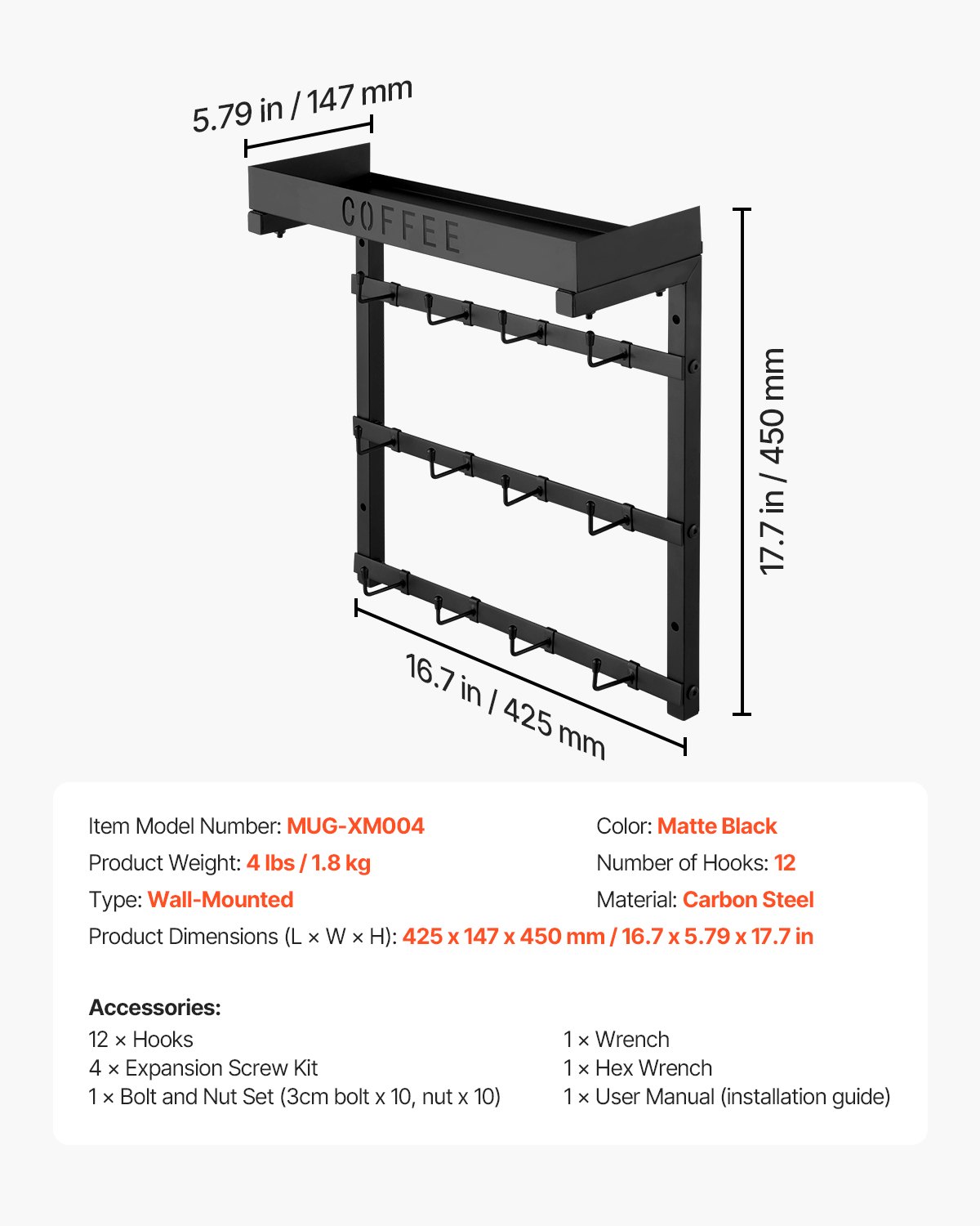 VEVOR Wandgemonteerde koffiemokhouder met 12 verplaatsbare haken, koffiemokhouder van koolstofstaal, bekerhouder met bovenste plank, bekerdisplay voor thuiskeuken (matzwart)