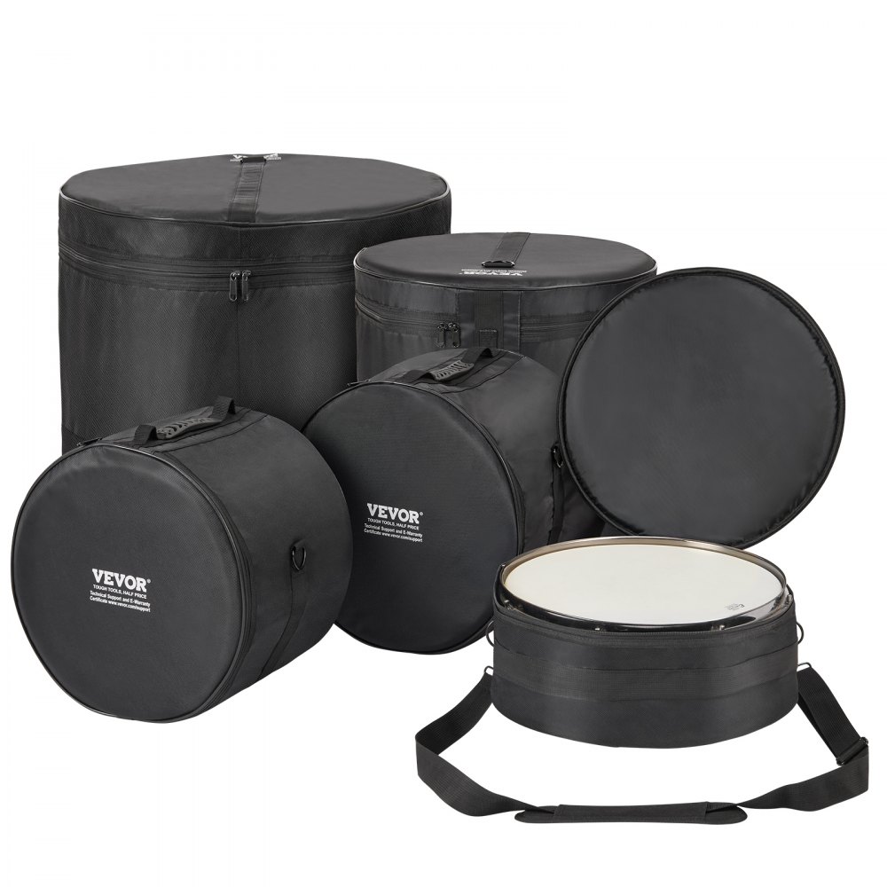 VEVOR drum bag set featuring black drum bags of various sizes with sturdy handles and zippers.