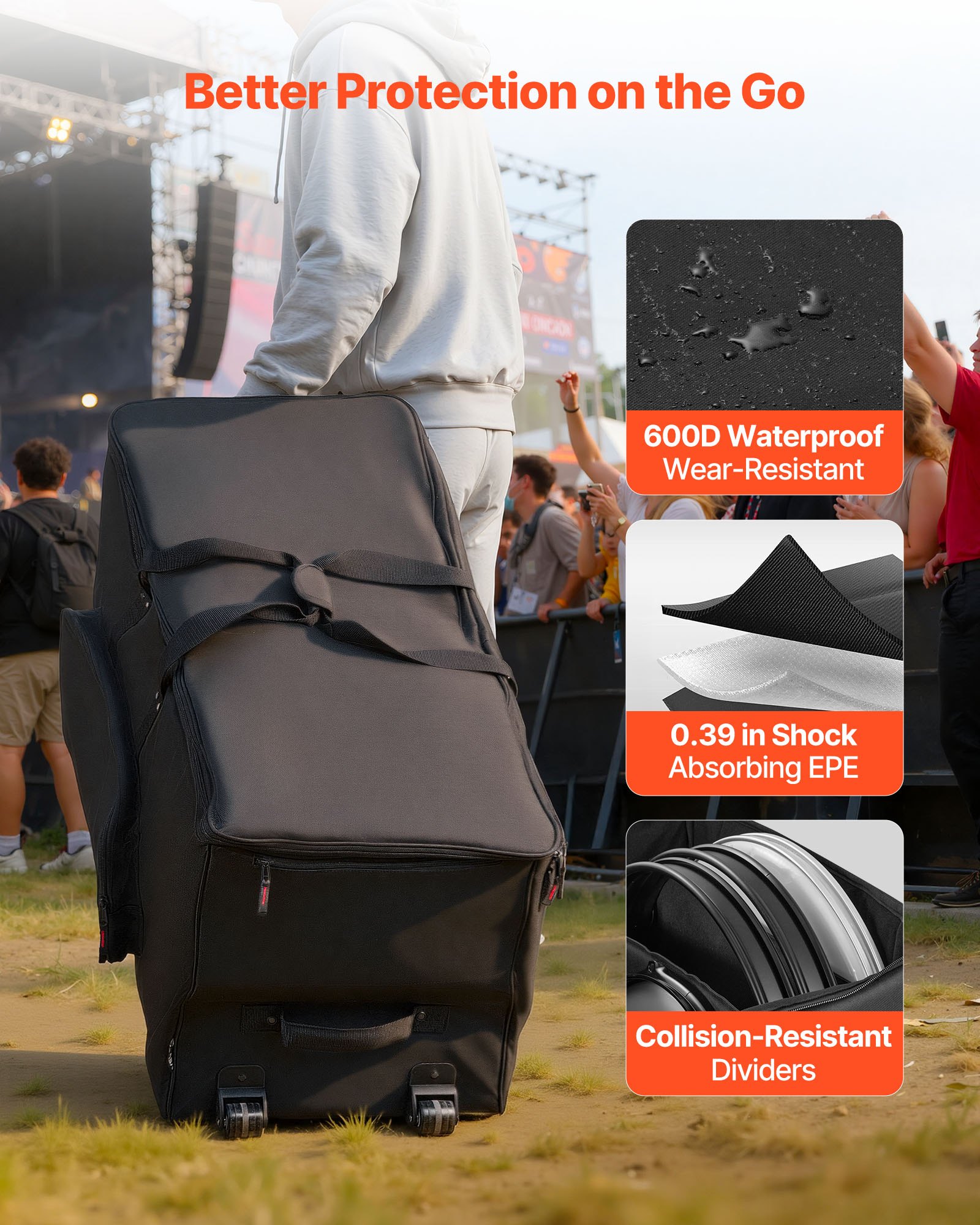 VEVOR Drum Bag, Drummer Hardware Bag, 1010x510x440 mm, met 6 uitneembare tussenschotten, wielen en 3 buitenvakken, waterafstotend en gevoerd, veilig transport van apparatuur en instrumenten.