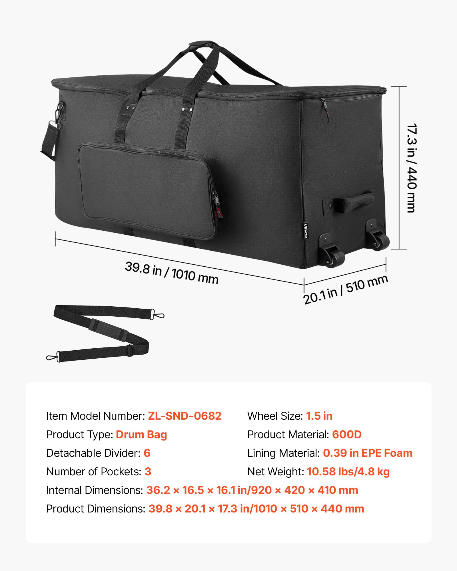 VEVOR Drum Bag, Drummer Hardware Bag, 1010x510x440 mm, met 6 uitneembare tussenschotten, wielen en 3 buitenvakken, waterafstotend en gevoerd, veilig transport van apparatuur en instrumenten.
