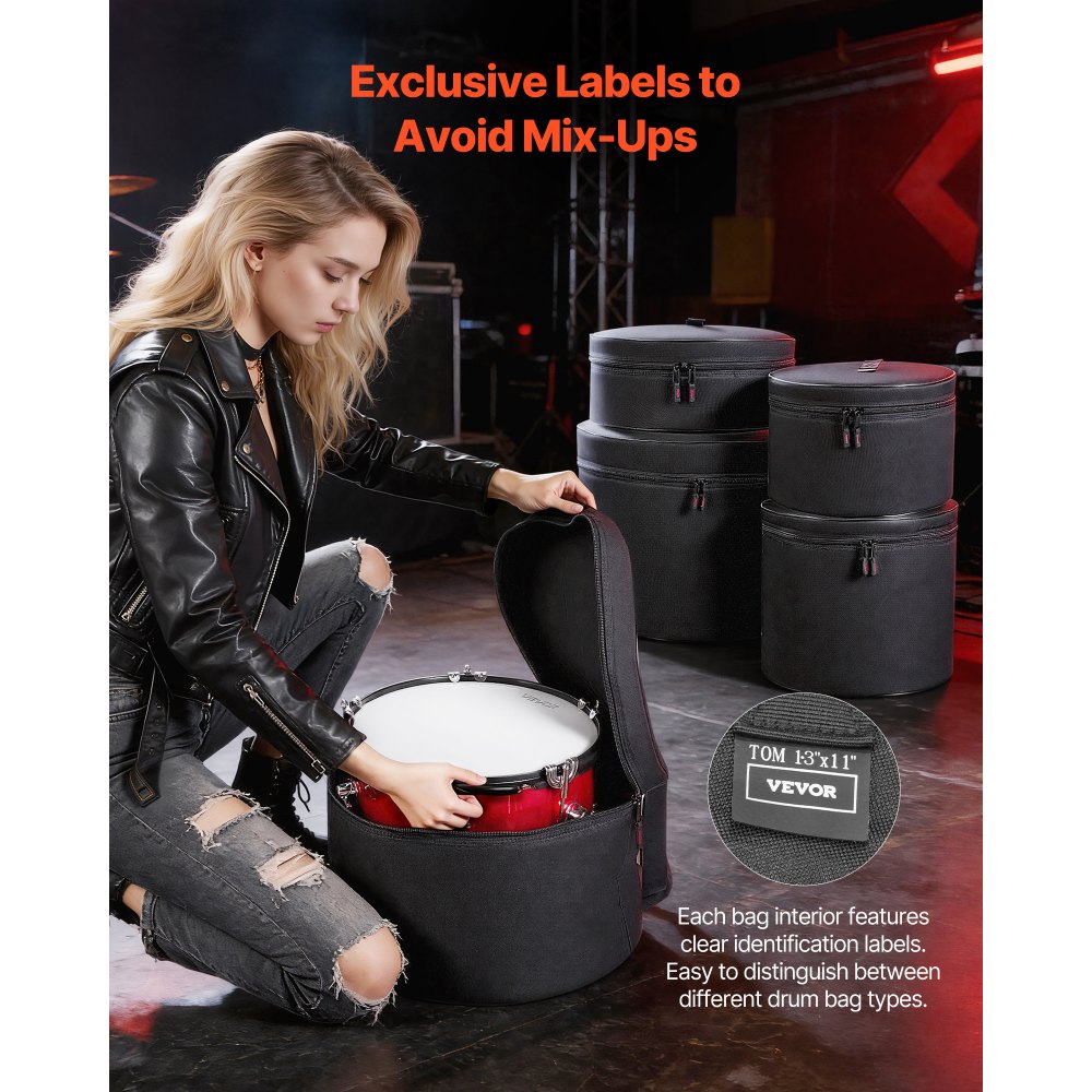 VEVOR 5-delige drumtassenset, gemaakt van 600D Oxford-stof, gewatteerd met stevige schouderbanden en antislip handgrepen, voor het vervoeren en opbergen van drums, basdrums, toms en snaredrums.