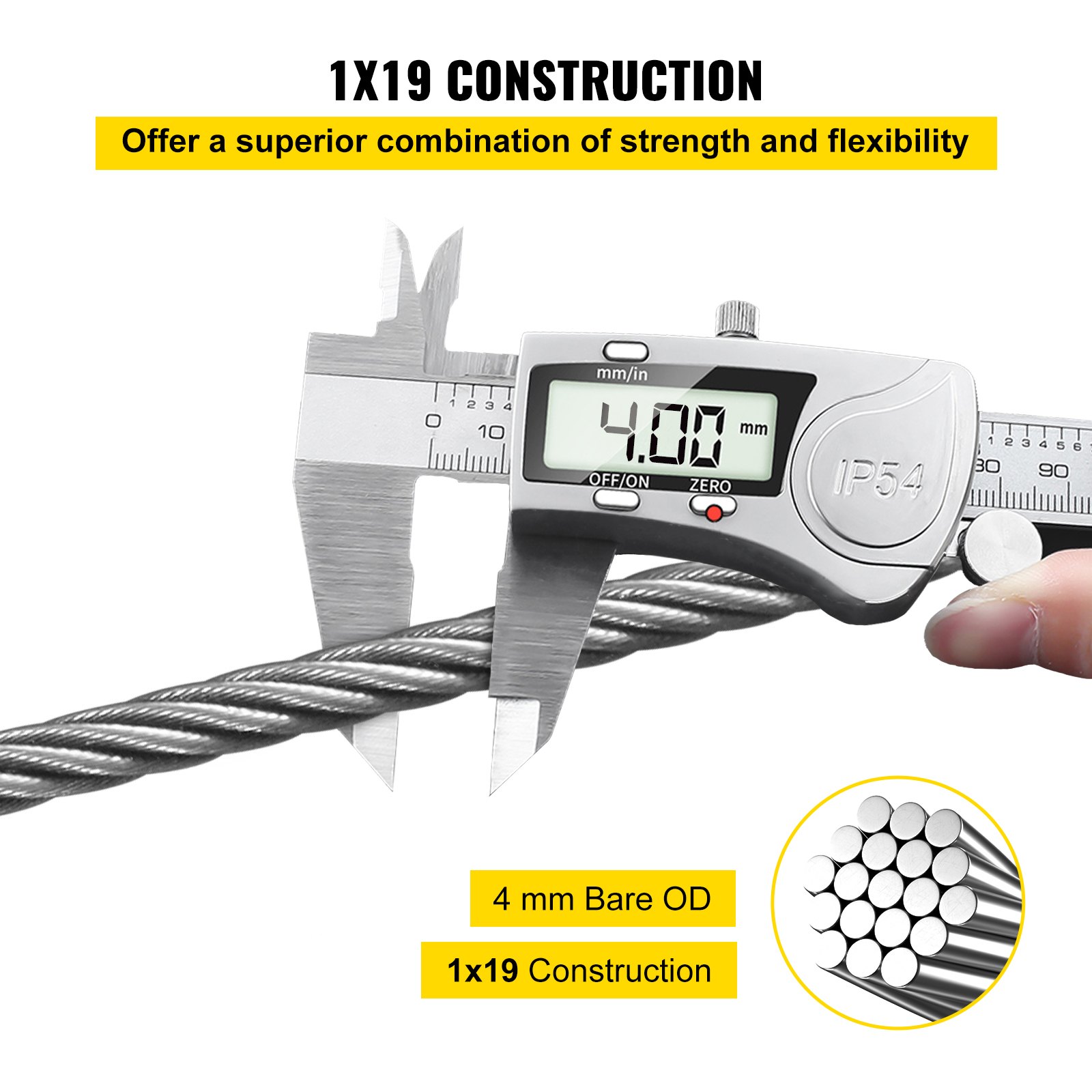 VEVOR 316 roestvrijstalen kabel, 152 m lang, 4 mm diameter roestvrijstalen staaldraad met 1x19 constructie, 1496 kg breeksterkte stalen kabel voor buitenleuningen, terrassen en doe-het-zelf balustrades