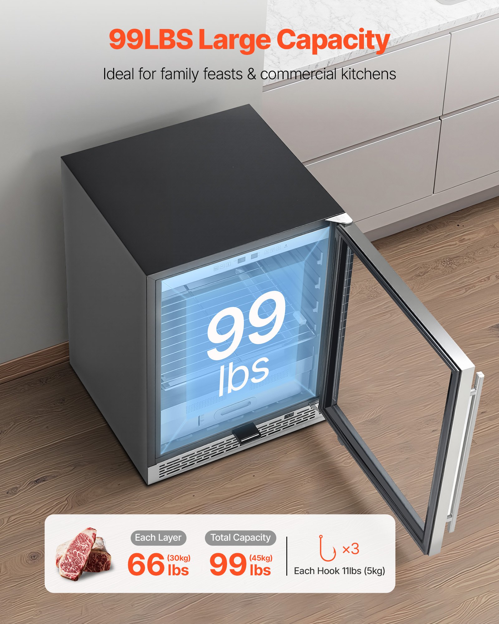 VEVOR 45 kg Droogkoelkast voor vlees voor steaks, koelkast voor vleesrijping met nauwkeurige temperatuur- en vochtigheidsregeling, machine voor het rijpen van rundvlees voor thuiskeukens, restaurants en hotels