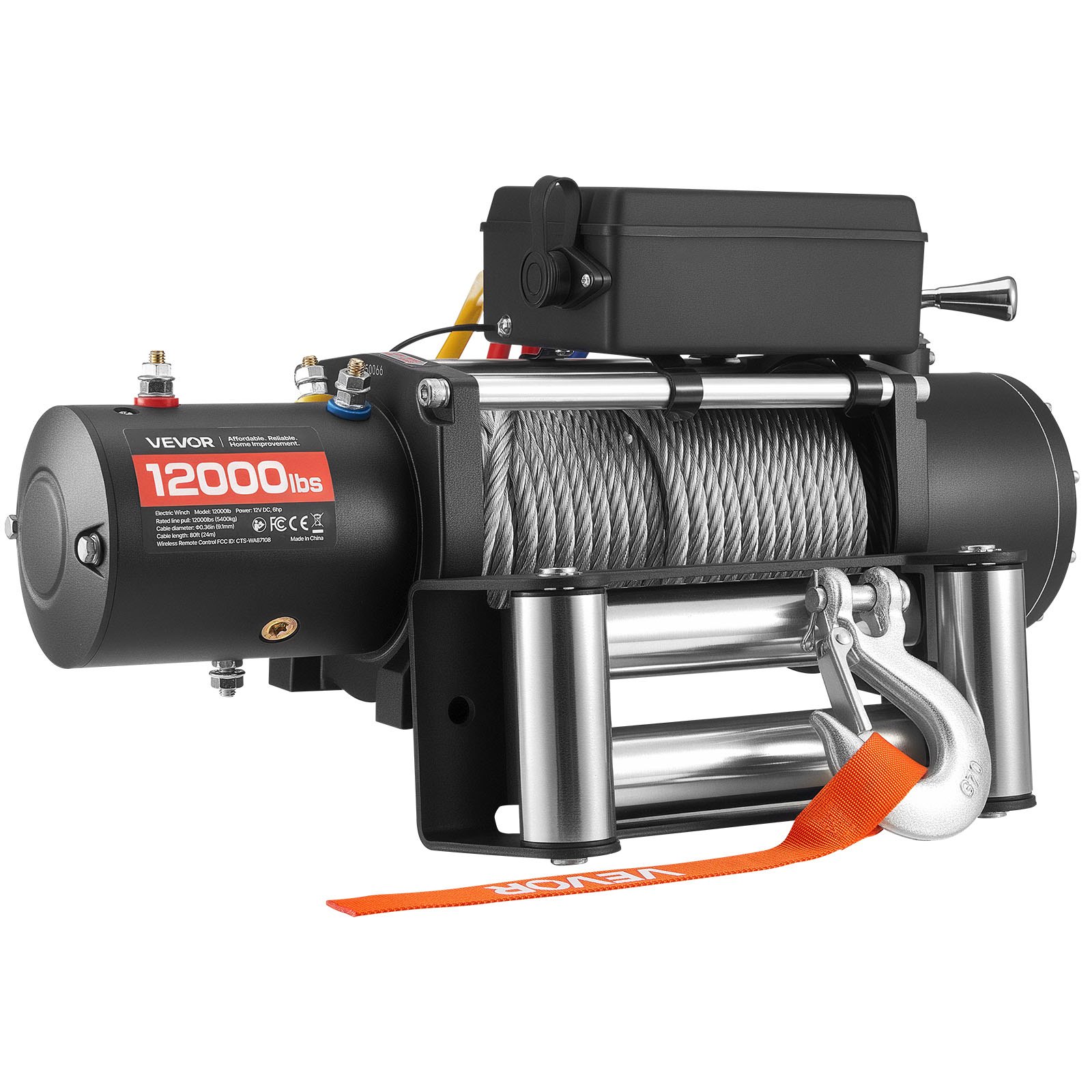 VEVOR elektrische lier, 5400 kg, 12 V DC elektrische lier met 24 m stalen kabel, draadloze en bekabelde afstandsbediening, IP55 off-road lier voor het slepen van SUV's, jeeps, aanhangers, boten en SUV's