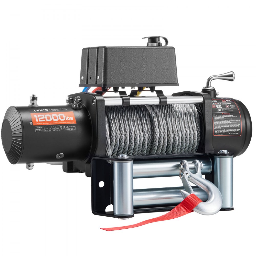 VEVOR elektrische lier, 5400 kg, 12 V DC vrachtwagenlier met stalen kabel van Φ 9,1 mm x 26 m, draadloze en bedrade afstandsbediening, geschikt voor het slepen van SUV's, jeeps, trailers, boten en terreinwagens.