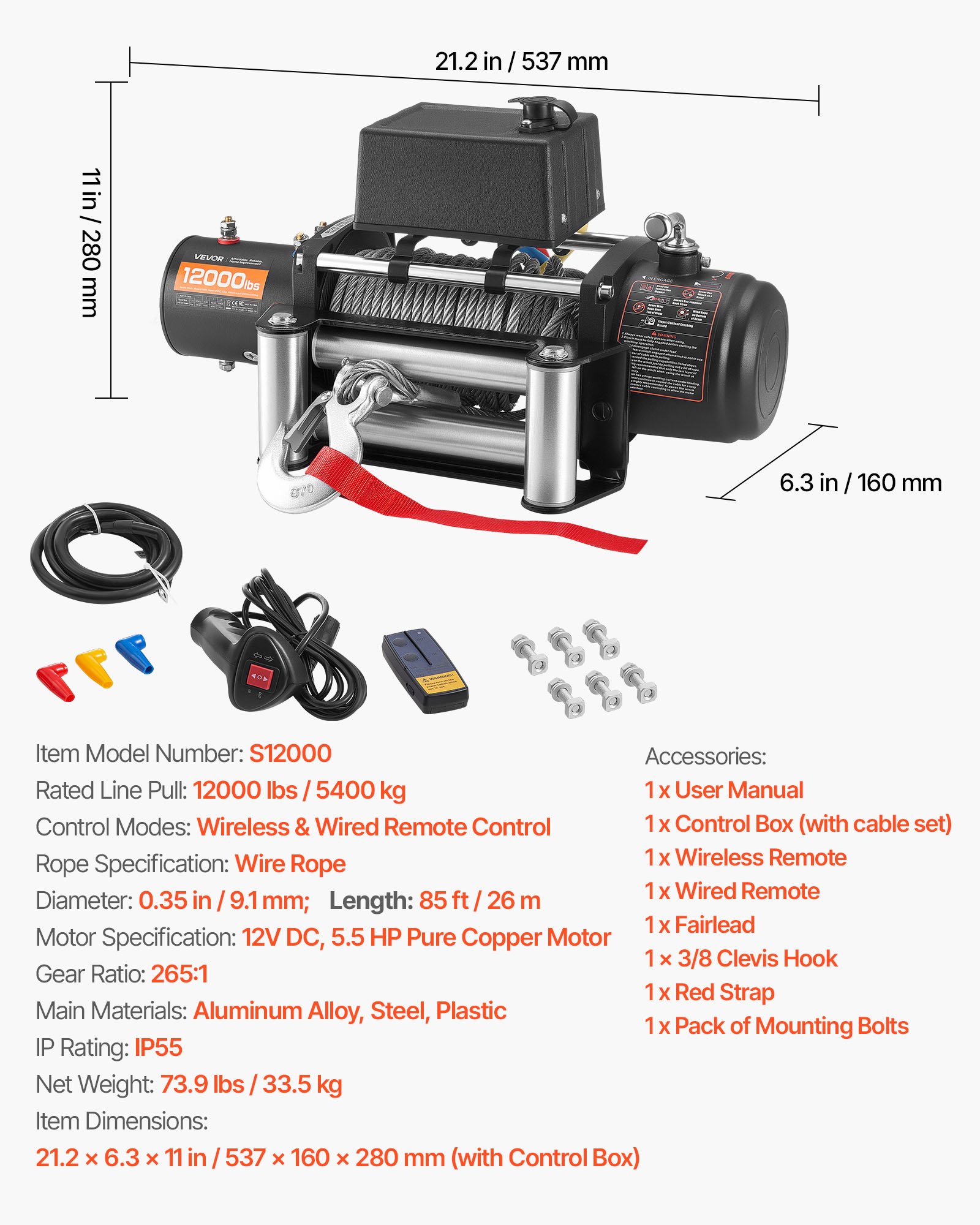 VEVOR elektrische lier, 5400 kg, 12 V DC vrachtwagenlier met stalen kabel van Φ 9,1 mm x 26 m, draadloze en bedrade afstandsbediening, geschikt voor het slepen van SUV's, jeeps, trailers, boten en terreinwagens.