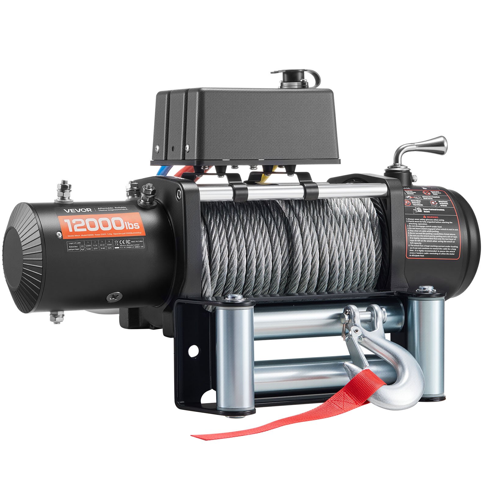 VEVOR elektrische lier, 5400 kg, 12 V DC vrachtwagenlier met stalen kabel van Φ 9,1 mm x 26 m, draadloze en bedrade afstandsbediening, geschikt voor het slepen van SUV's, jeeps, trailers, boten en terreinwagens.