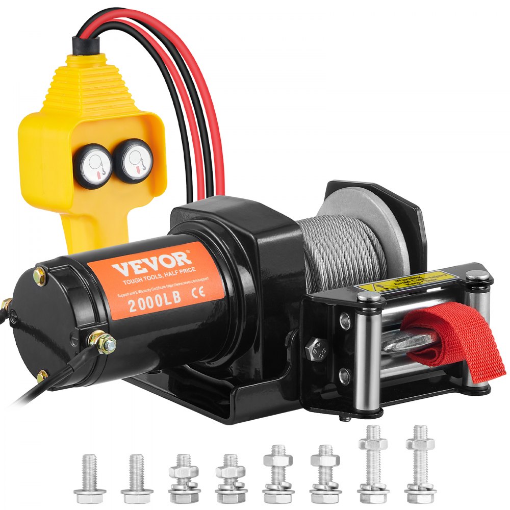 VEVOR Electric Winch 12V 2000lbs/907kg Offroad Motor Winch Cable Electric Winch Steel Cable with Wired Remote Control Black Ideal for medium-sized large SUVs trucks and even yachts