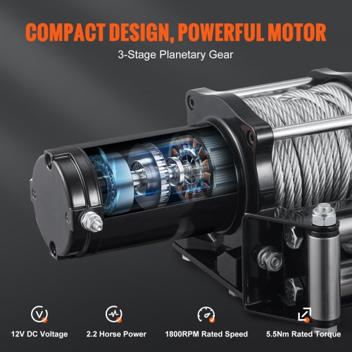 VEVOR Elektrische Lier 12V 4500lbs/2041kg Offroad Motor Lierkabel Elektrische Lier Staalkabel met bedrade afstandsbediening Zwart Ideaal voor middelgrote grote SUV's, vrachtwagens en zelfs jachten