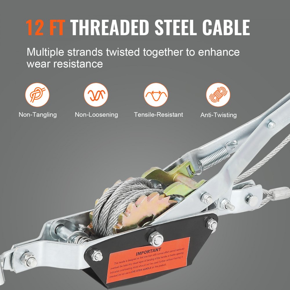 VEVOR-handhefboomtouw, trekvermogen van 2 ton (4,409 lbs), staalkabel van 3,7 m (12 ft), 2 haken, kabeltakels met dubbele versnelling, auto-katrol, ideaal voor voertuigredding