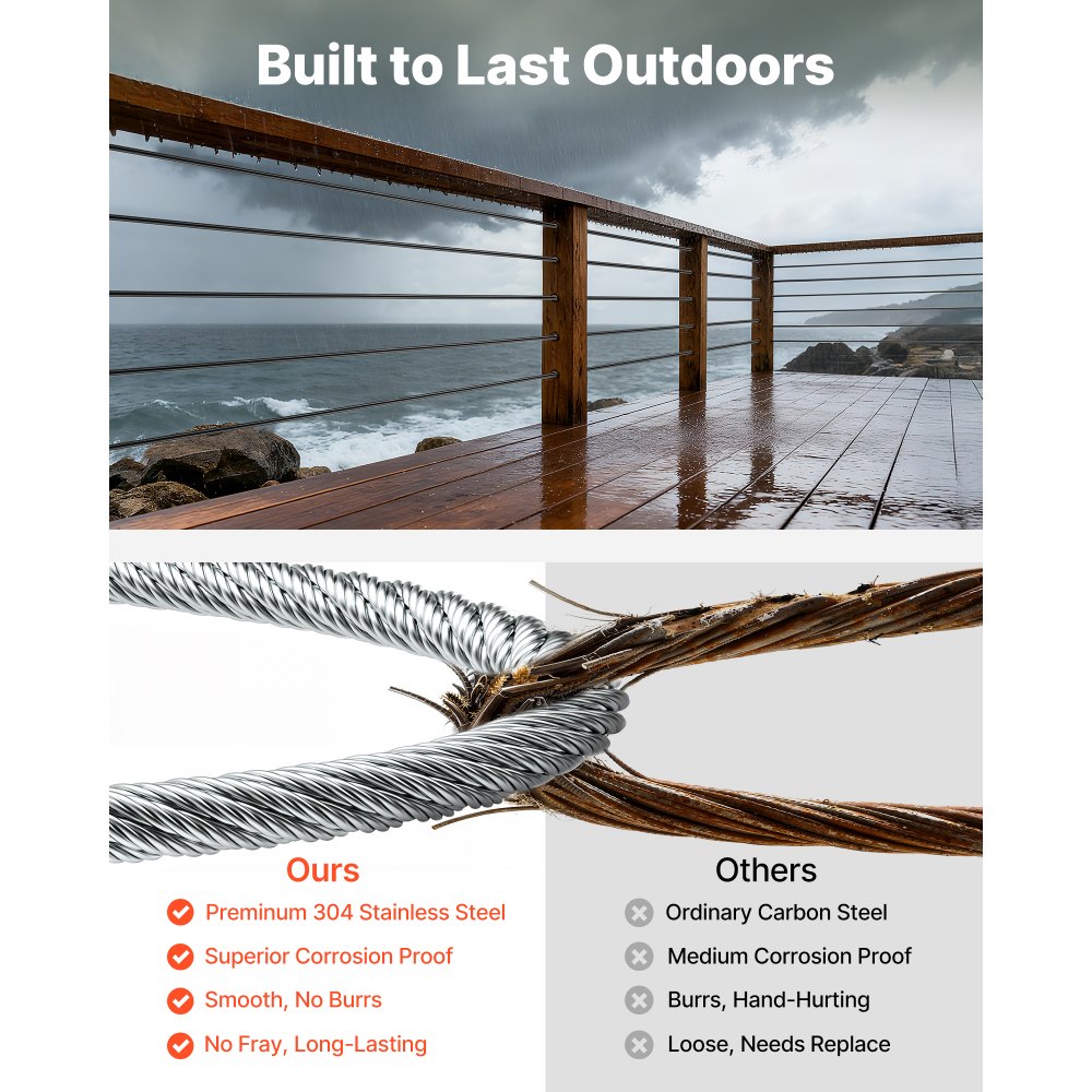 VEVOR 2.38 mm Wire Rope Kit, 50.3 m Length, 304 Stainless Steel Wire Cable, 2 kN Breaking Strength, 7 x 7 Strands Construction, Steel Cable for Deck Railing System, Garden Trellis, String Lights