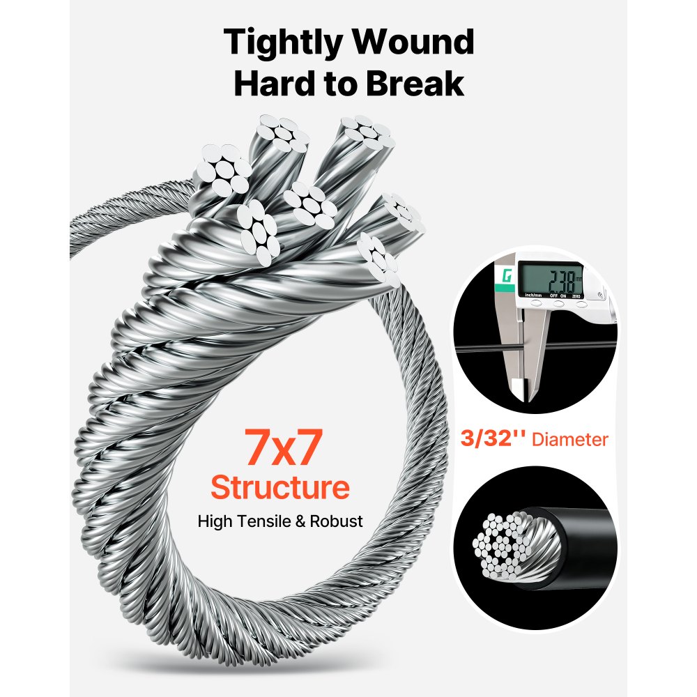 VEVOR 2.38 mm Wire Rope Kit, 50.3 m Length, 304 Stainless Steel Wire Cable, 2 kN Breaking Strength, 7 x 7 Strands Construction, Steel Cable for Deck Railing System, Garden Trellis, String Lights