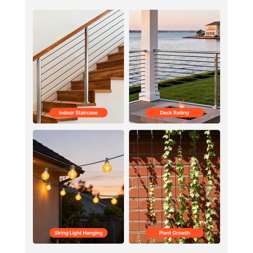 VEVOR 2.38 mm Wire Rope Kit, 50.3 m Length, 304 Stainless Steel Wire Cable, 2 kN Breaking Strength, 7 x 7 Strands Construction, Steel Cable for Deck Railing System, Garden Trellis, String Lights