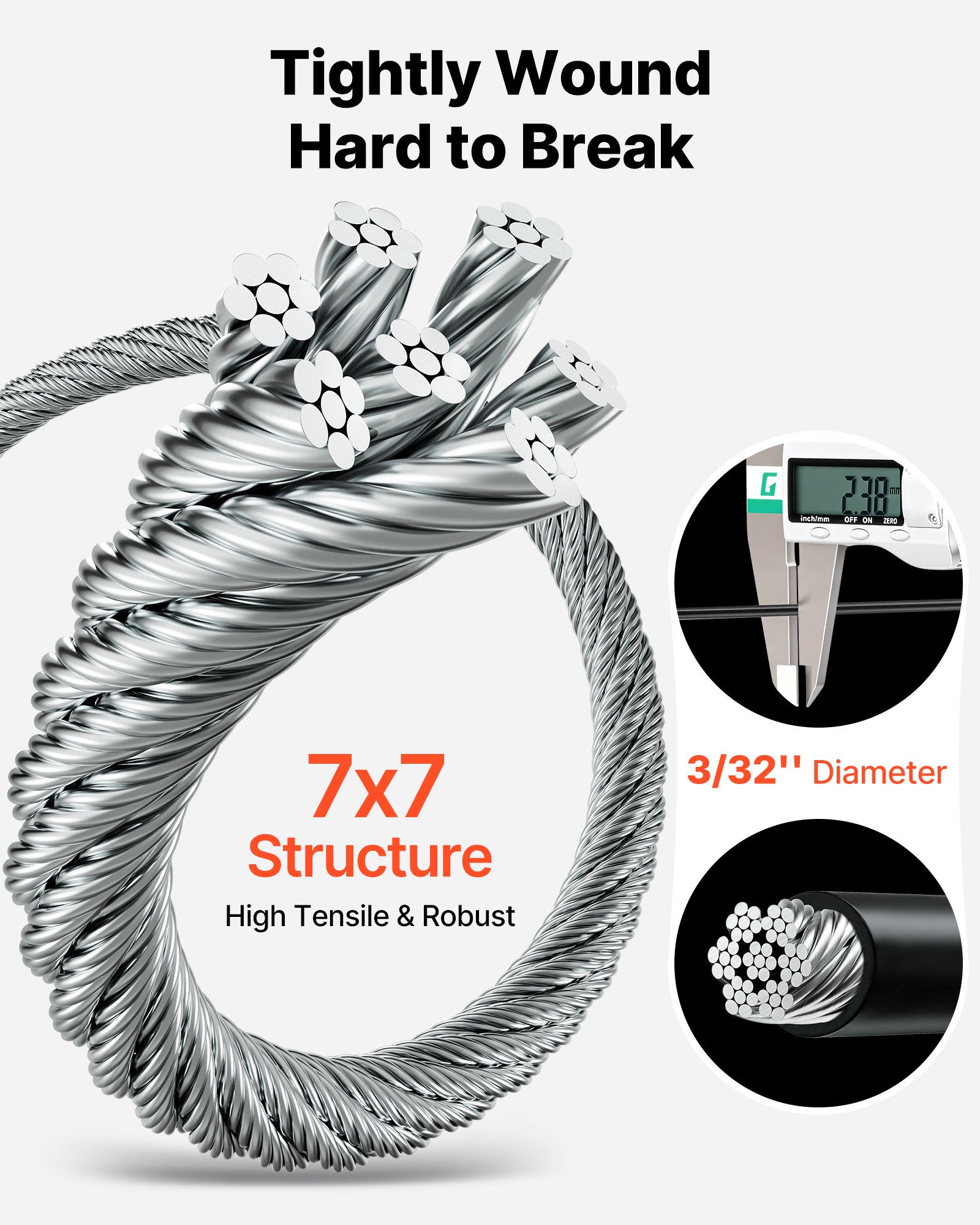 VEVOR 2.38 mm Wire Rope Kit, 50.3 m Length, 304 Stainless Steel Wire Cable, 2 kN Breaking Strength, 7 x 7 Strands Construction, Steel Cable for Deck Railing System, Garden Trellis, String Lights