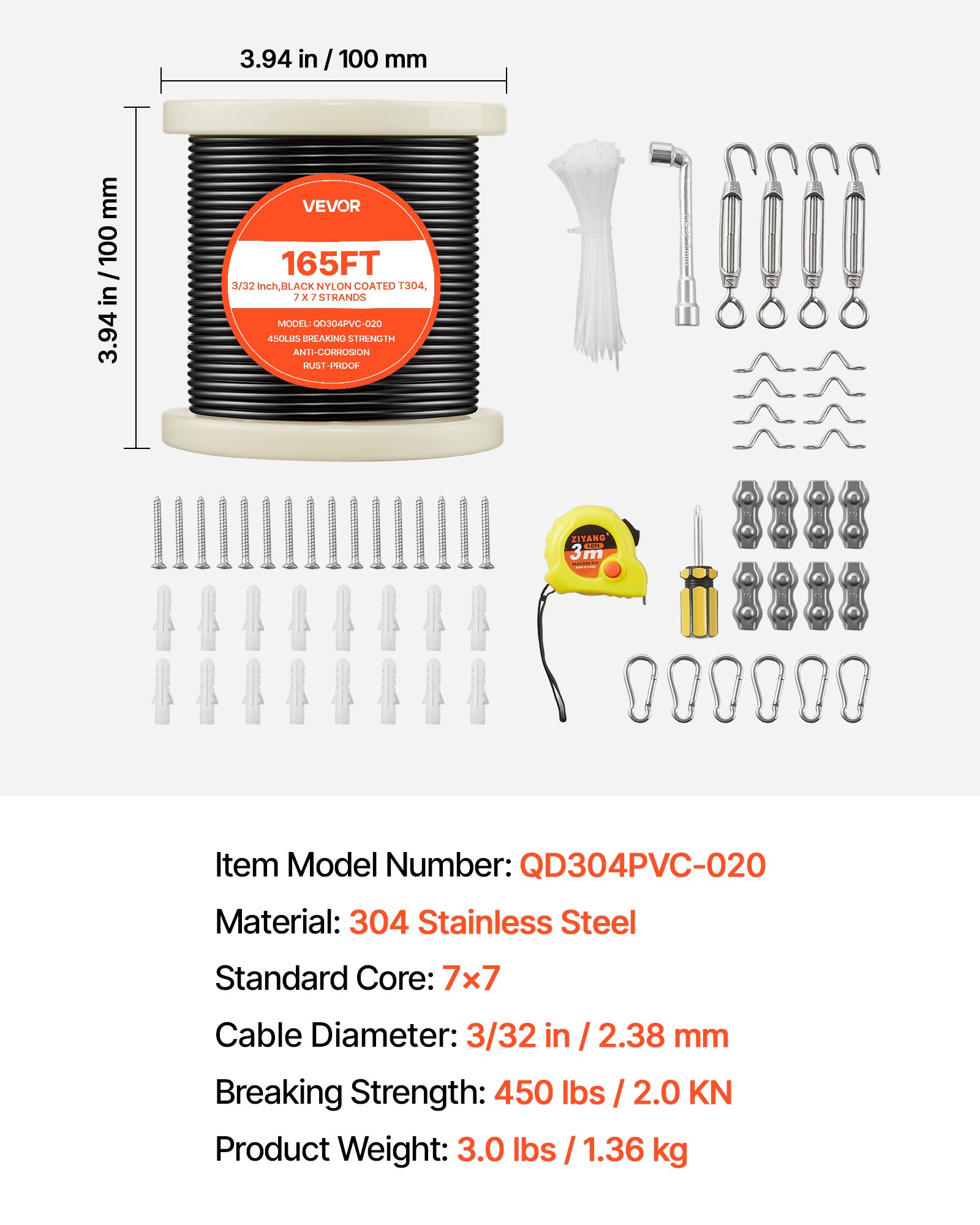 VEVOR 2.38 mm Wire Rope Kit, 50.3 m Length, 304 Stainless Steel Wire Cable, 2 kN Breaking Strength, 7 x 7 Strands Construction, Steel Cable for Deck Railing System, Garden Trellis, String Lights