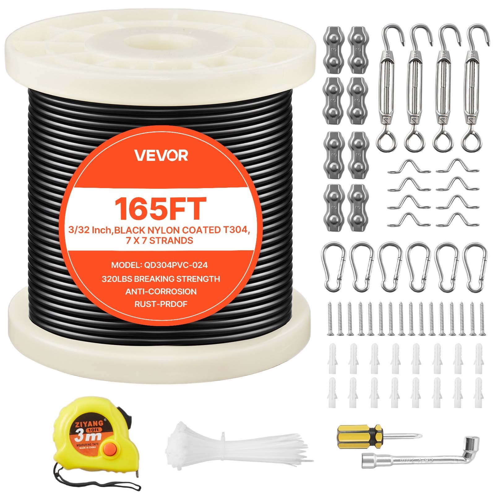 VEVOR 2.38 mm Wire Rope Kit, 50.3 m Length, 304 Stainless Steel Wire Cable, 2 kN Breaking Strength, 7 x 7 Strands Construction, Steel Cable for Deck Railing System, Garden Trellis, String Lights