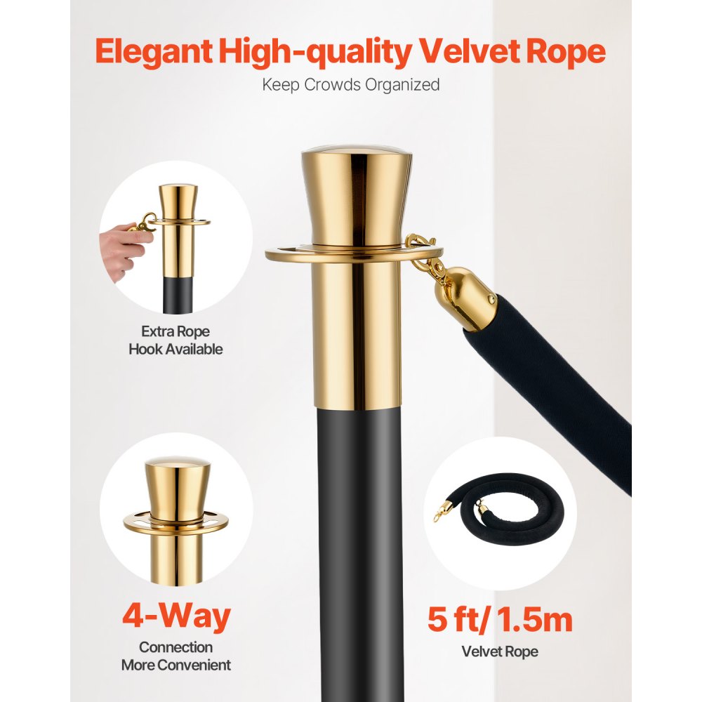 VEVOR Stanchion Post, 6 Pcs Crowd Control Barrier with 4 Black Velvet Ropes, 5 ft Stainless Steel Stanchion Post Queue with Sand Injection Hollow Base for Theater, Party, Wedding, Exhibition, Black