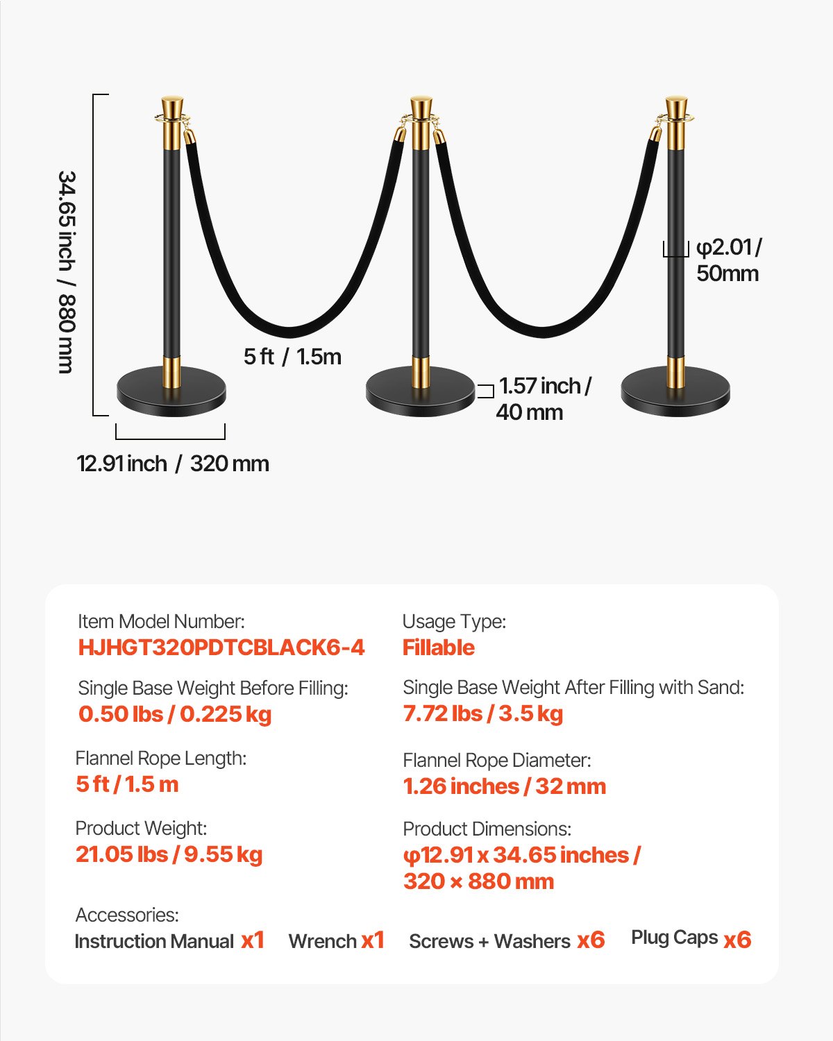 VEVOR Stanchion Post, 6 Pcs Crowd Control Barrier with 4 Black Velvet Ropes, 5 ft Stainless Steel Stanchion Post Queue with Sand Injection Hollow Base for Theater, Party, Wedding, Exhibition, Black