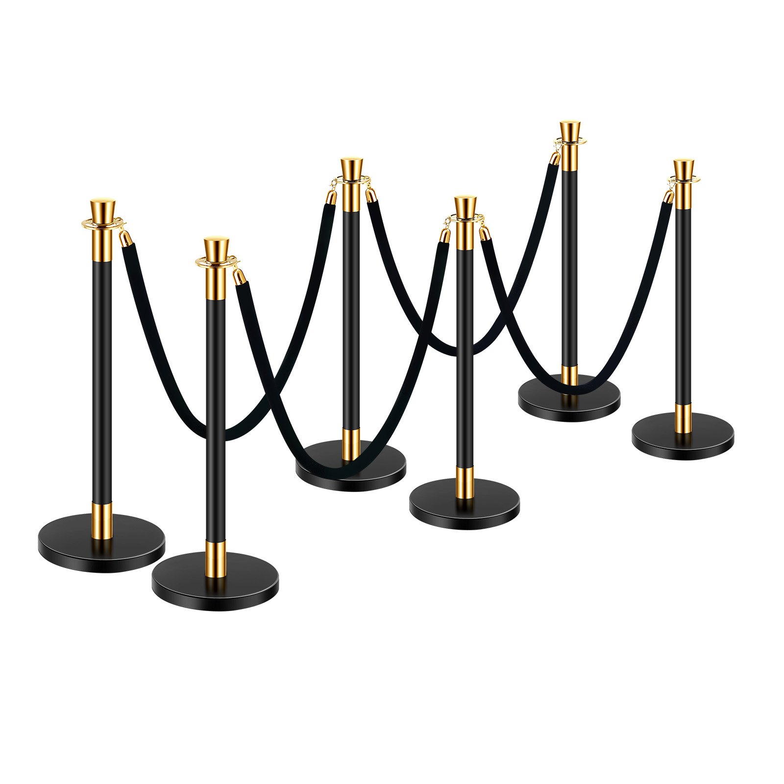 VEVOR Drijvende barrière (6 stuks) met 4 zwarte fluwelen touwen (1,5 m lang), roestvrijstalen drangende barrière met navulbare voet voor tentoonstellingen