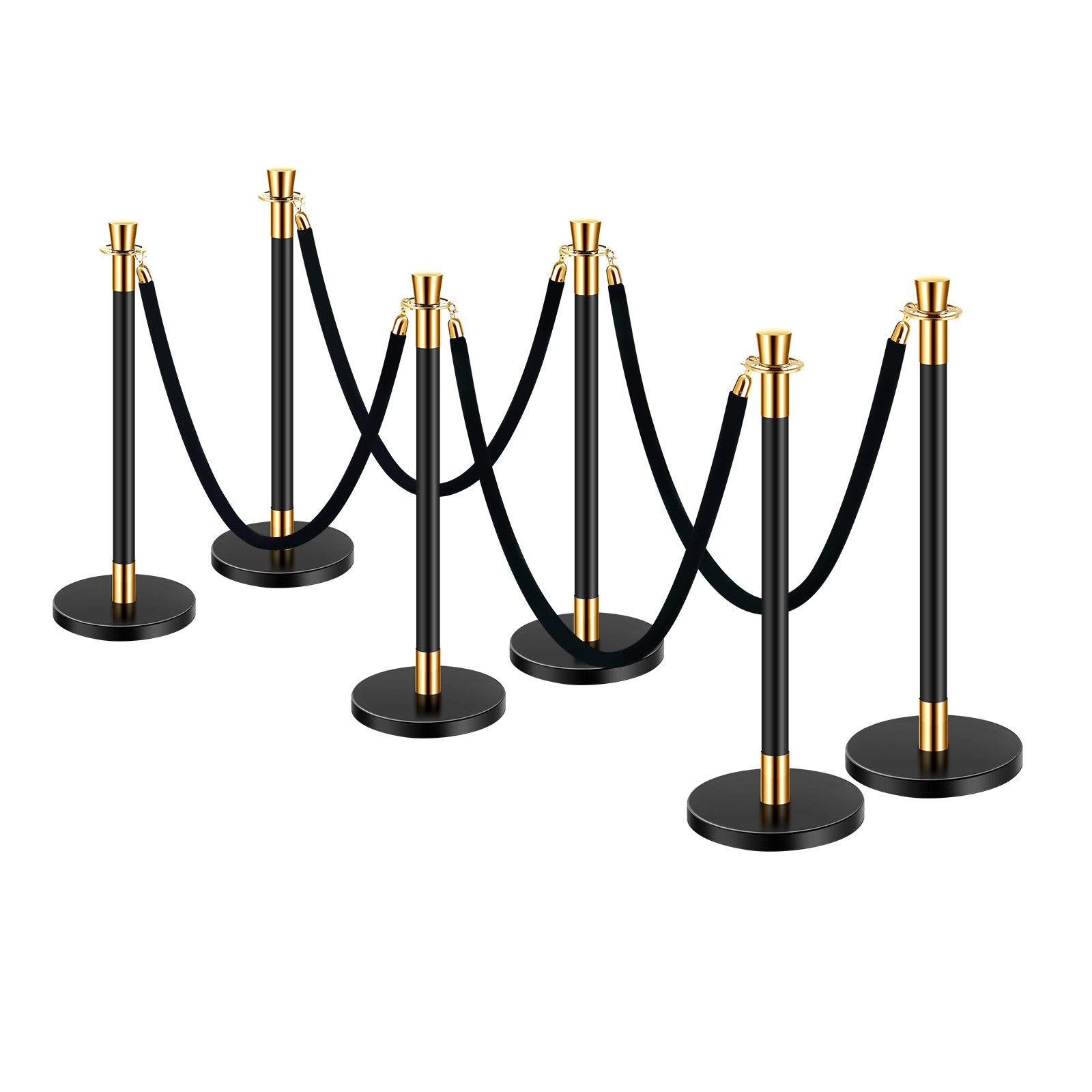 VEVOR Drijvende barrière (6 stuks) met 4 zwarte fluwelen touwen (1,5 m lang), roestvrijstalen drangende barrière met navulbare voet voor tentoonstellingen