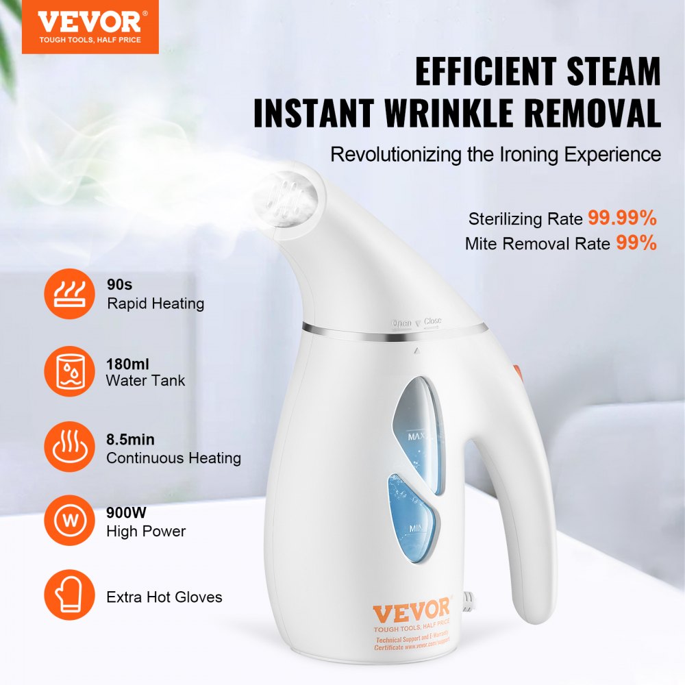 VEVOR Portable Handheld Fabric Steamer, 800W Quick Heat Steamer for Clothes, Wrinkle Remover Clothing Iron Intelligent Controller & Auto-Off & Large Detachable Water Tank, With Gloves