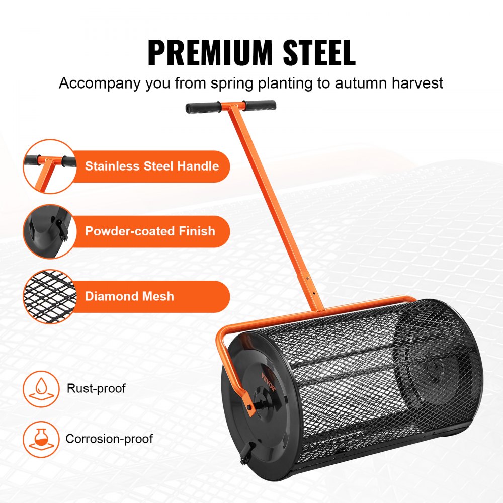 VEVOR Compoststrooier van staal veenmosstrooier 1,27x2cm gaasmand tuingazonstrooier handvatlengte verstelbaar van 62 tot 67,5cm 61cm metalen gaasmand Ideaal voor meststoffen zoals compost, mest, grond, veenmos