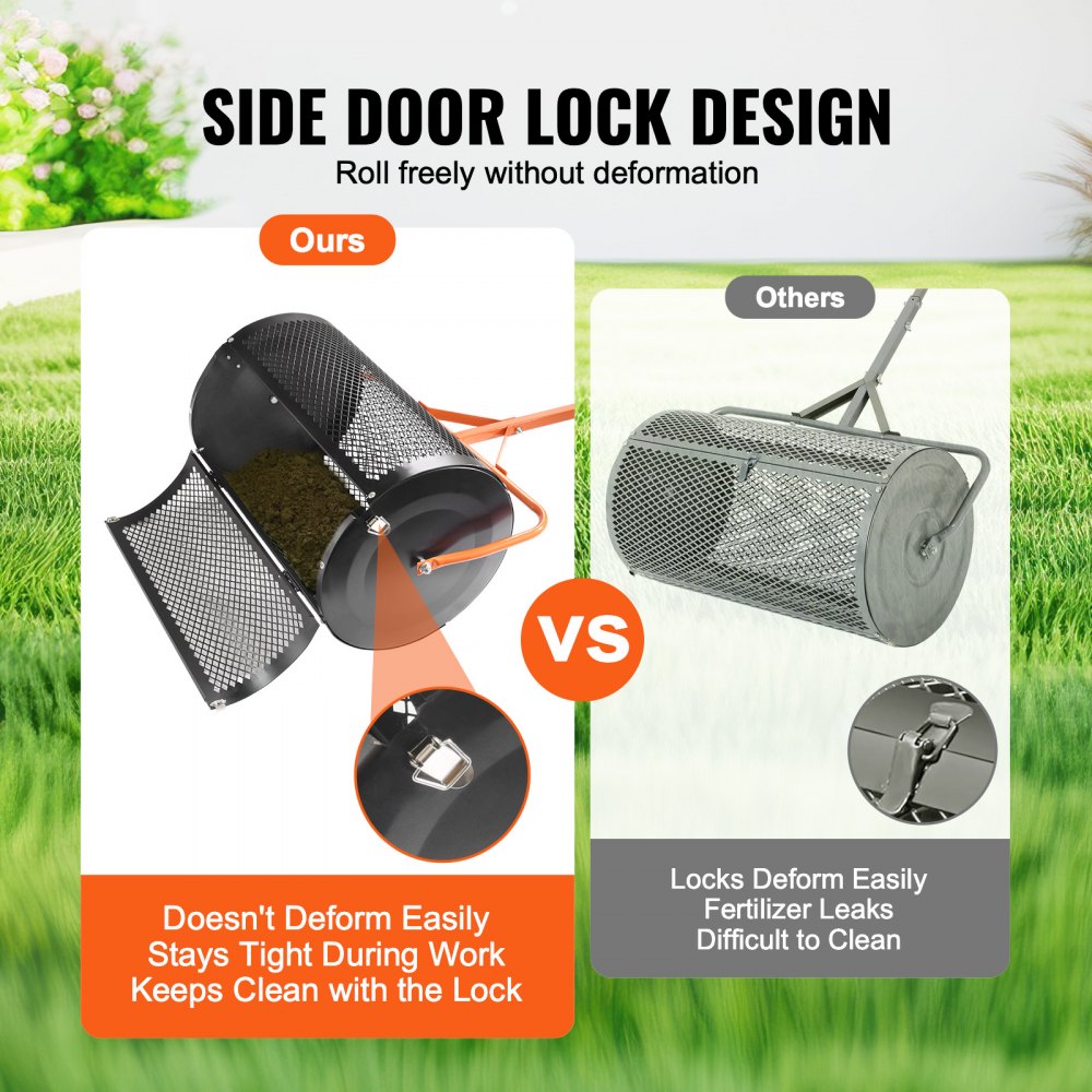 VEVOR Compost- en Turfstrooier, 61 cm Gazonstrooier met Rol en in Hoogte Verstelbare T-vormige Handgreep, Tuinstrooier met Stalen Gaasmand en Zijvergrendelingen, voor het Verspreiden van Mest en Teelaarde, Zwart