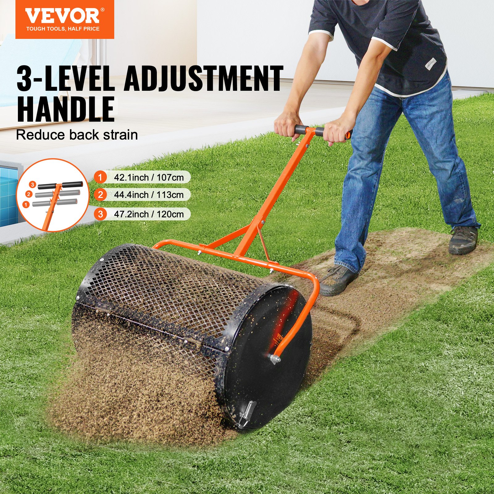 VEVOR Compost- en Turfstrooier, 61 cm Gazonstrooier met Rol en in Hoogte Verstelbare T-vormige Handgreep, Tuinstrooier met Stalen Gaasmand en Zijvergrendelingen, voor het Verspreiden van Mest en Teelaarde, Zwart