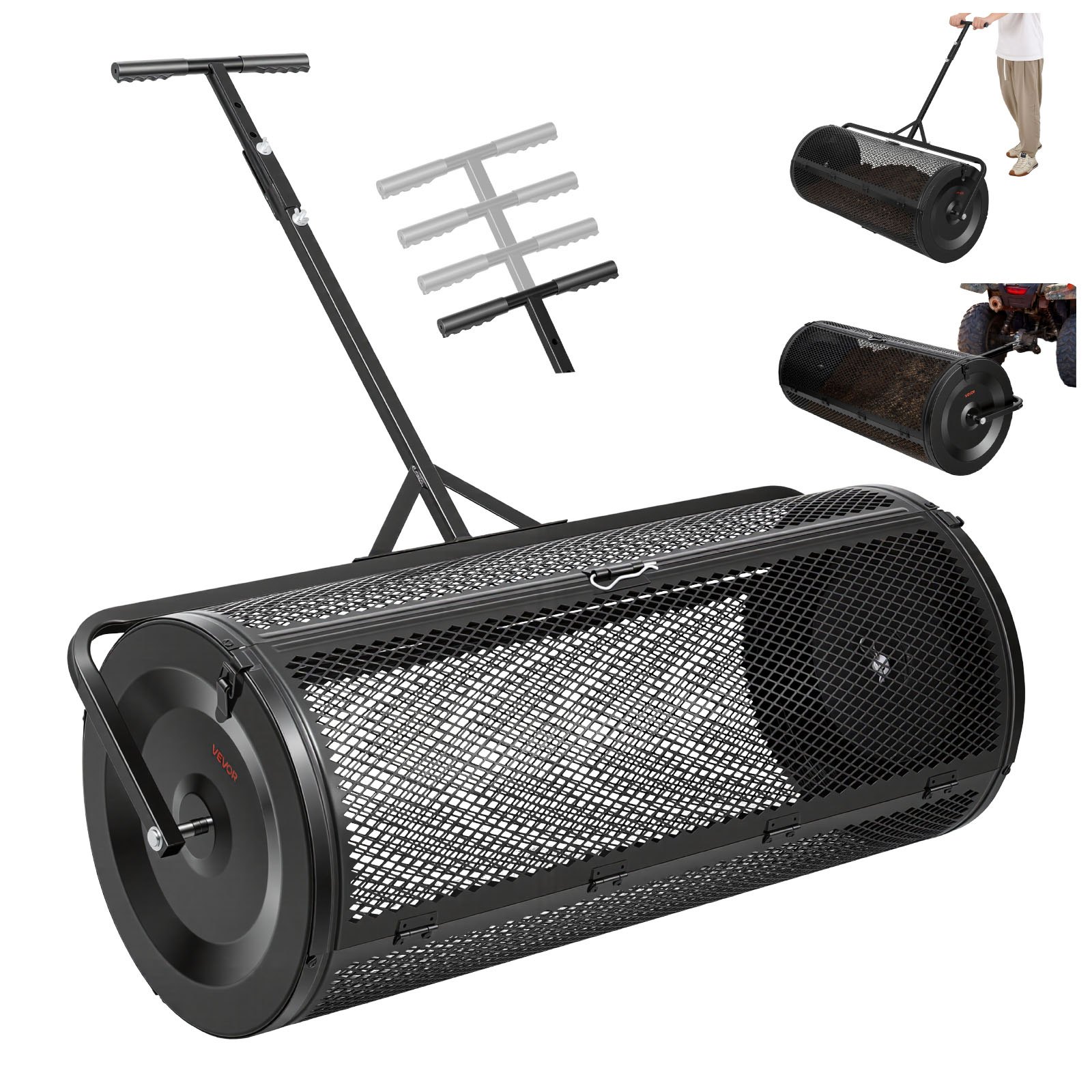 VEVOR Compoststrooier 204 L, 112 cm Turfstrooier met duw-/trekhendel, turfstrooier, in 4 standen in hoogte verstelbaar, gepoedercoat stalen compostrol, meststrooier voor planten en zaaien, zwart