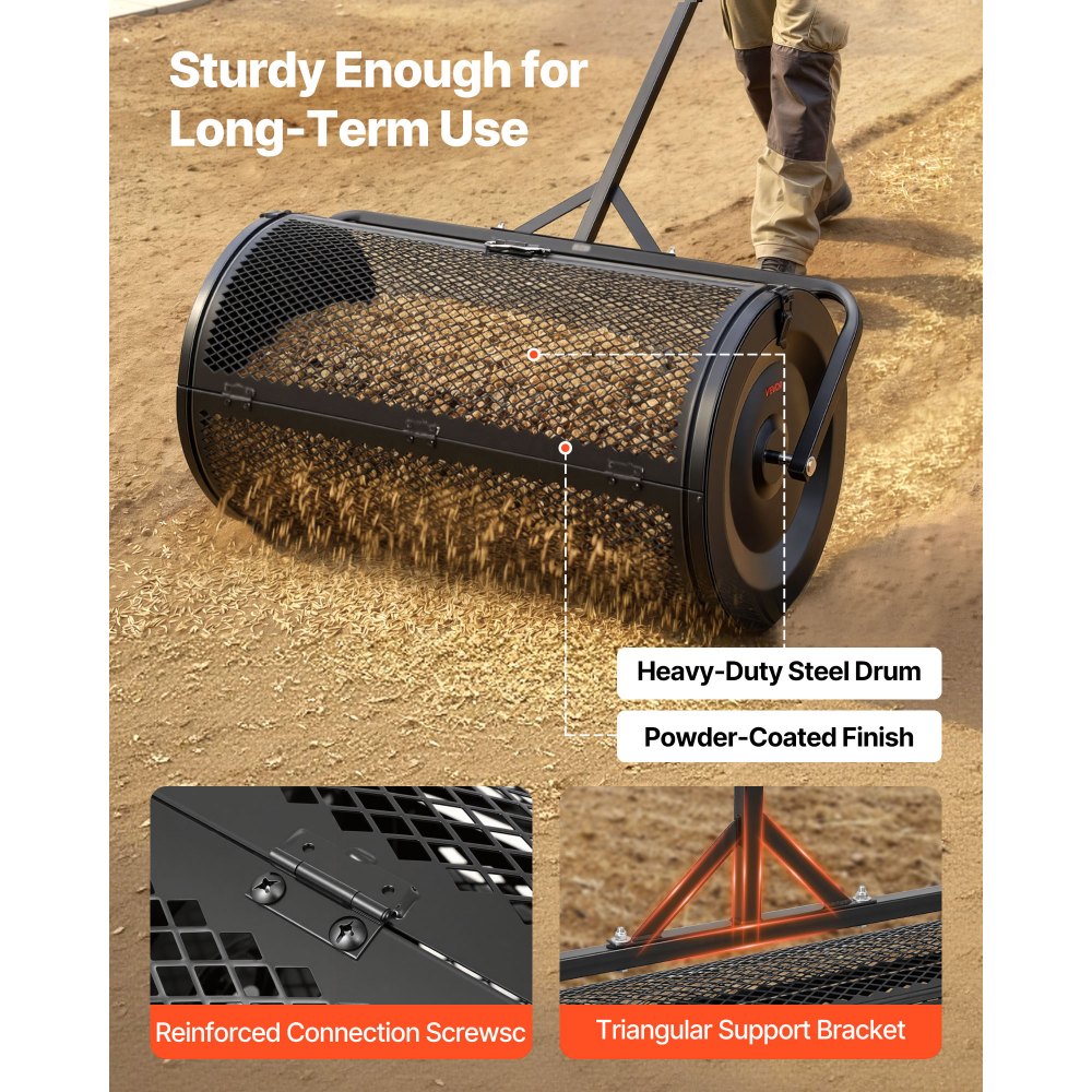 VEVOR Compoststrooier 116 L, 91 cm Turfstrooier met duw-/trekhendel, turfstrooier, in 4 standen in hoogte verstelbaar, gepoedercoat stalen compostrol, meststrooier voor planten en zaaien, zwart