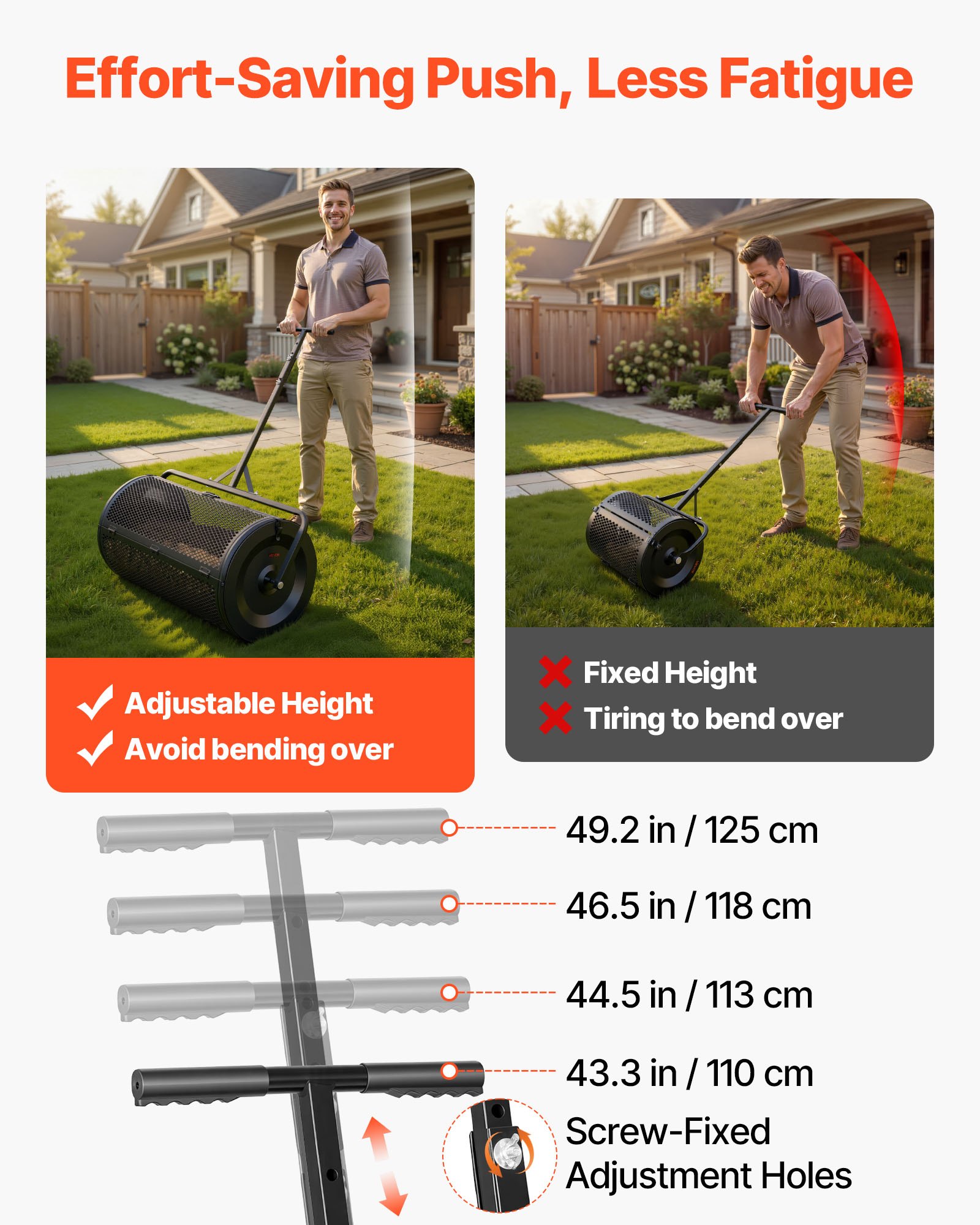 VEVOR Compoststrooier 116 L, 91 cm Turfstrooier met duw-/trekhendel, turfstrooier, in 4 standen in hoogte verstelbaar, gepoedercoat stalen compostrol, meststrooier voor planten en zaaien, zwart