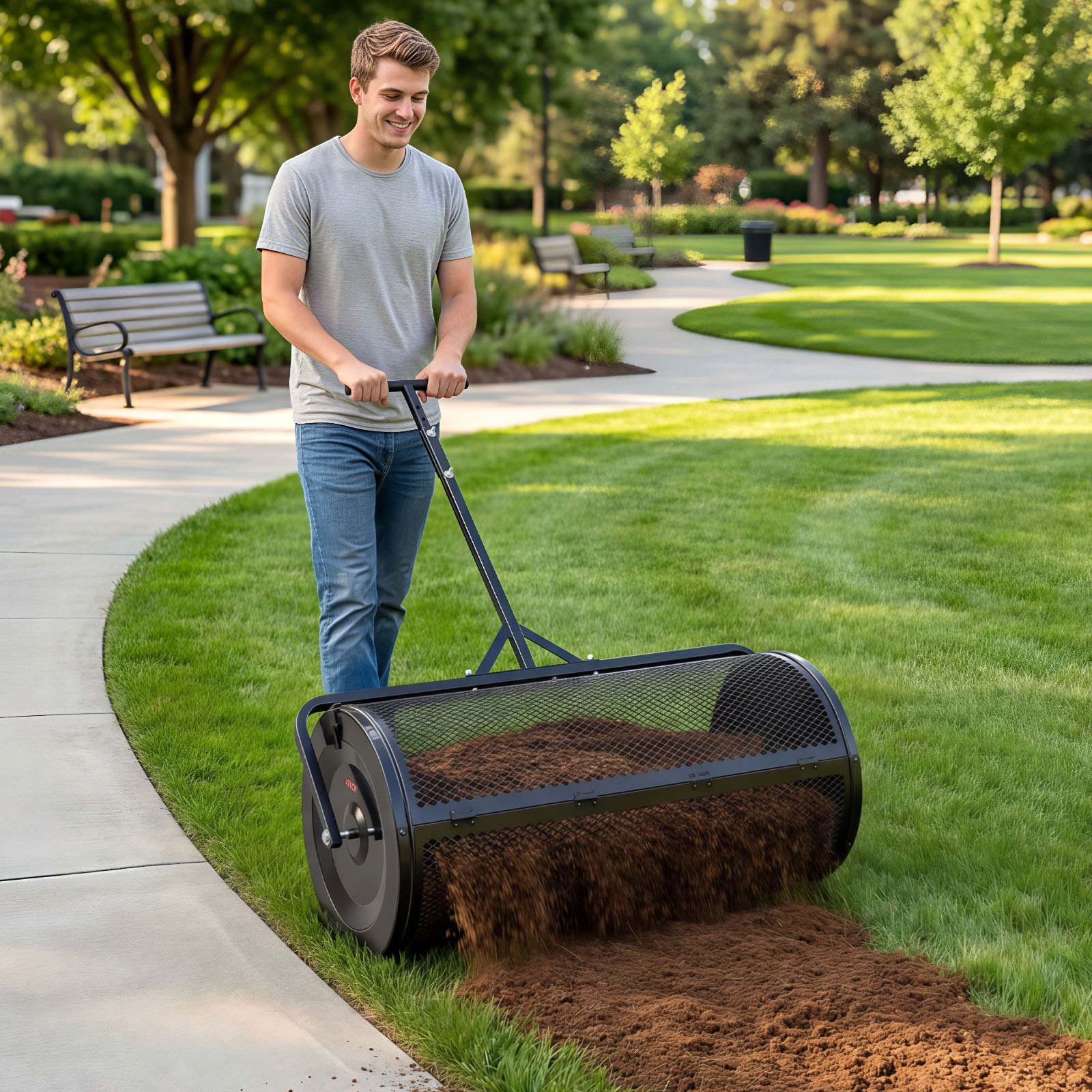 VEVOR Compoststrooier 116 L, 91 cm Turfstrooier met duw-/trekhendel, turfstrooier, in 4 standen in hoogte verstelbaar, gepoedercoat stalen compostrol, meststrooier voor planten en zaaien, zwart