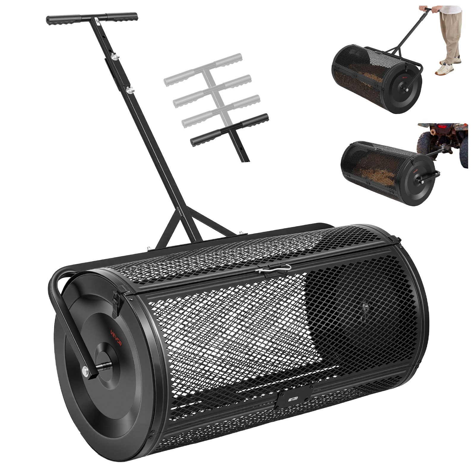 VEVOR Compoststrooier 116 L, 91 cm Turfstrooier met duw-/trekhendel, turfstrooier, in 4 standen in hoogte verstelbaar, gepoedercoat stalen compostrol, meststrooier voor planten en zaaien, zwart