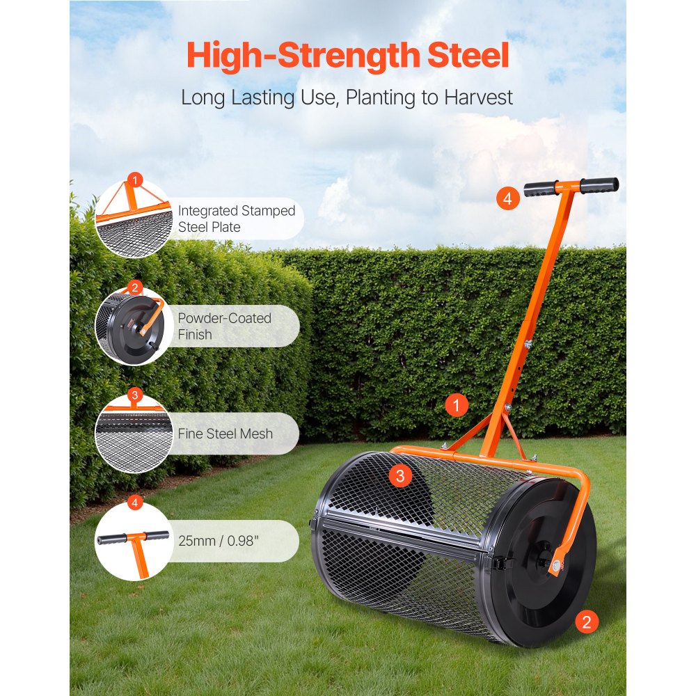 VEVOR Zaadstrooier, 67 cm brede compoststrooier met T-handvat, turfstrooier, in 3 hoogtes verstelbaar, gepoedercoat stalen tuinstrooier, robuuste kunstmeststrooier voor planten en zaaien