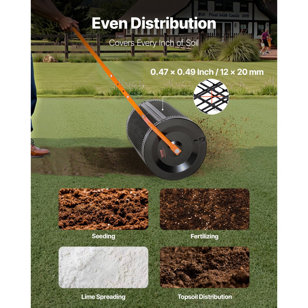 VEVOR Zaadstrooier, 67 cm brede compoststrooier met T-handvat, turfstrooier, in 3 hoogtes verstelbaar, gepoedercoat stalen tuinstrooier, robuuste kunstmeststrooier voor planten en zaaien