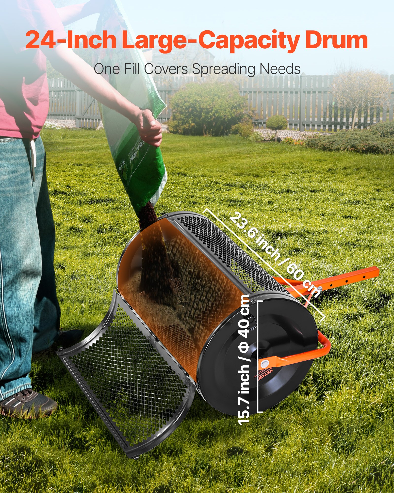 VEVOR Zaadstrooier, 67 cm brede compoststrooier met T-handvat, turfstrooier, in 3 hoogtes verstelbaar, gepoedercoat stalen tuinstrooier, robuuste kunstmeststrooier voor planten en zaaien