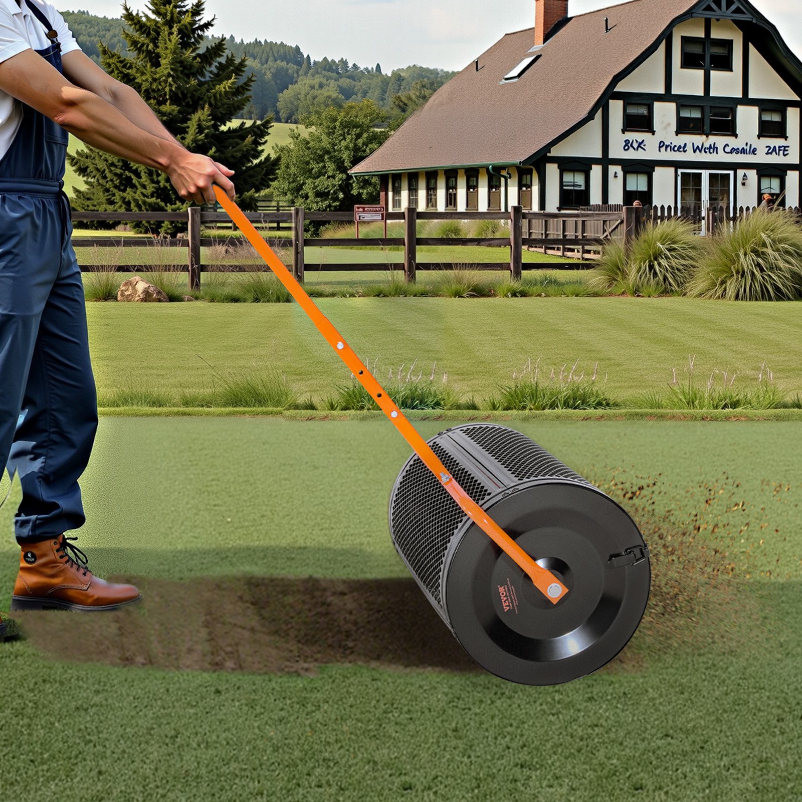 VEVOR Zaadstrooier, 67 cm brede compoststrooier met T-handvat, turfstrooier, in 3 hoogtes verstelbaar, gepoedercoat stalen tuinstrooier, robuuste kunstmeststrooier voor planten en zaaien