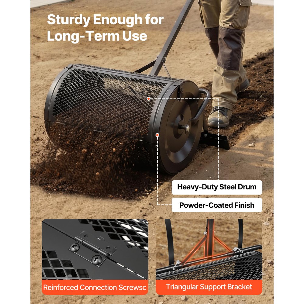 VEVOR Compoststrooier 76,5 L, 61 cm Turfstrooier met duw-/trekhendel, turfstrooier, in 4 standen in hoogte verstelbaar, gepoedercoat stalen compostrol, meststrooier voor planten en zaaien, zwart