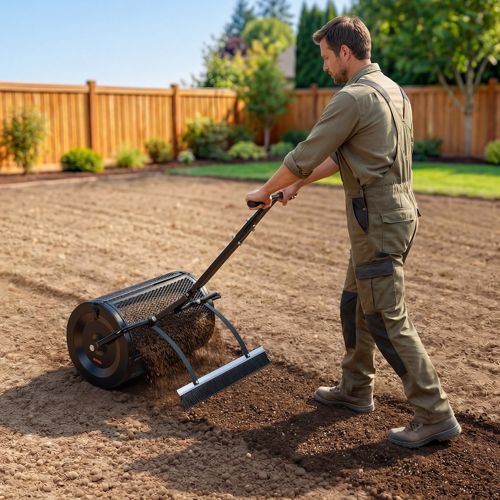 VEVOR Compoststrooier 76,5 L, 61 cm Turfstrooier met duw-/trekhendel, turfstrooier, in 4 standen in hoogte verstelbaar, gepoedercoat stalen compostrol, meststrooier voor planten en zaaien, zwart