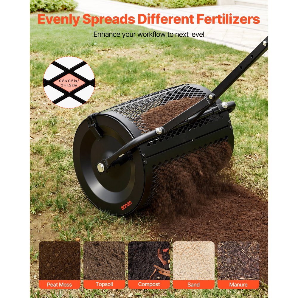 VEVOR Compoststrooier 34 L, 42 cm brede turfstrooier met T-vormig handvat, turfstrooier, in 3 standen in hoogte verstelbaar, gepoedercoat stalen compostrol, meststrooier voor planten en zaaien, zwart