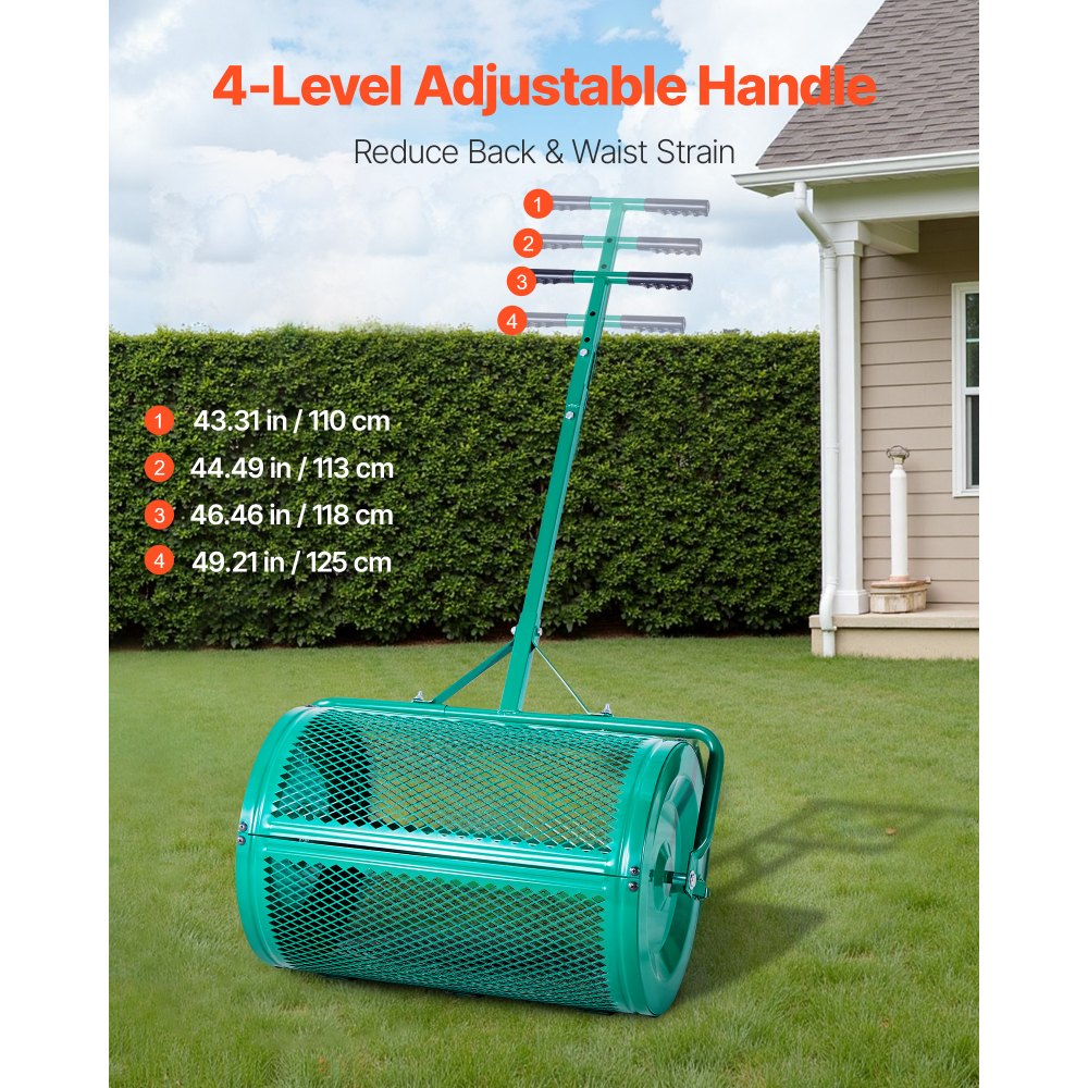 VEVOR Zaadstrooier, 67 cm brede compoststrooier met duw-/trekhendel, turfstrooier met 4 hoogte-instellingen, tuinstrooier, robuuste graszaadstrooier voor het planten en zaaien