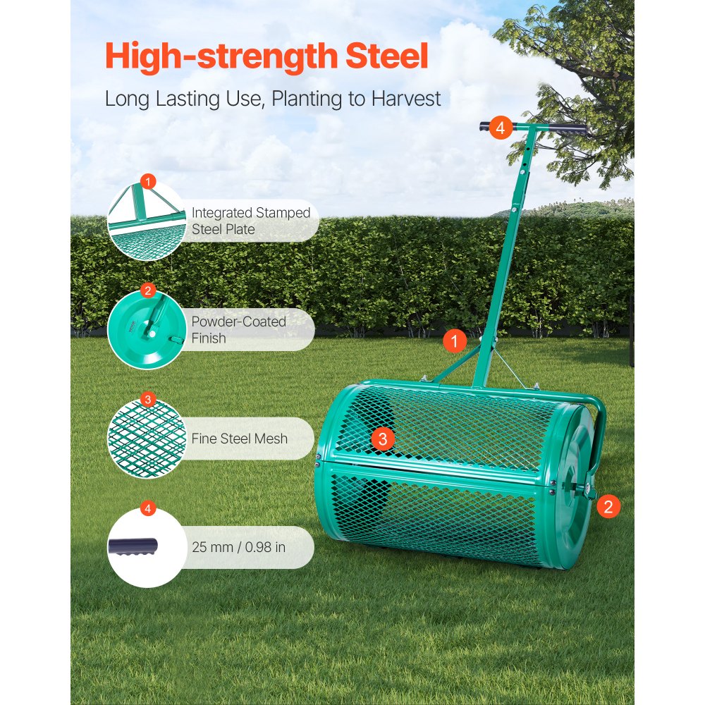 VEVOR Zaadstrooier, 67 cm brede compoststrooier met duw-/trekhendel, turfstrooier met 4 hoogte-instellingen, tuinstrooier, robuuste graszaadstrooier voor het planten en zaaien